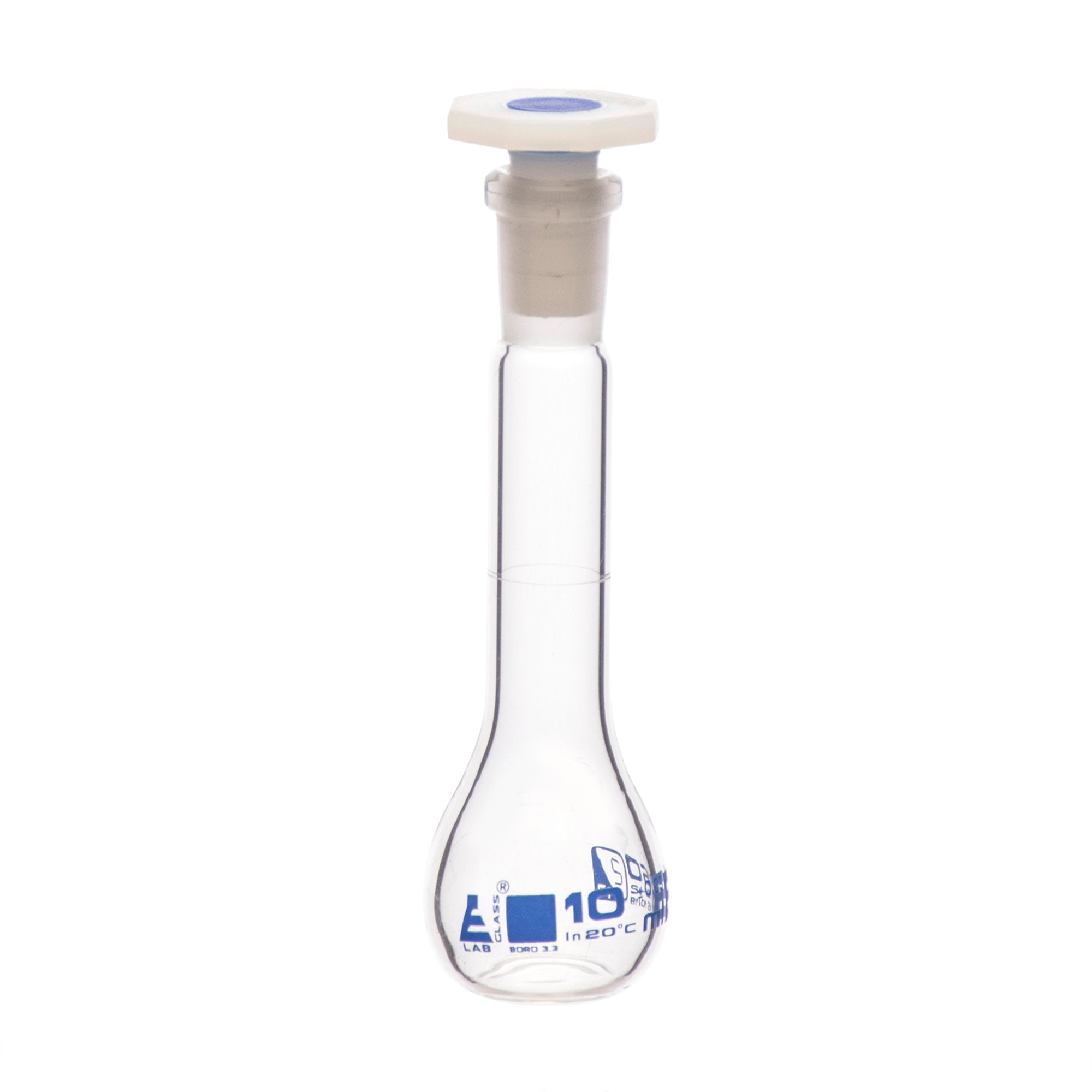 Class B Borosilicate Glass Volumetric Flask with Polyethylene Stopper, Blue Graduations