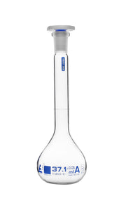 Class A Custom Calibrated Borosilicate Glass Volumetric Flask with Polyethylene Stopper, White Graduations