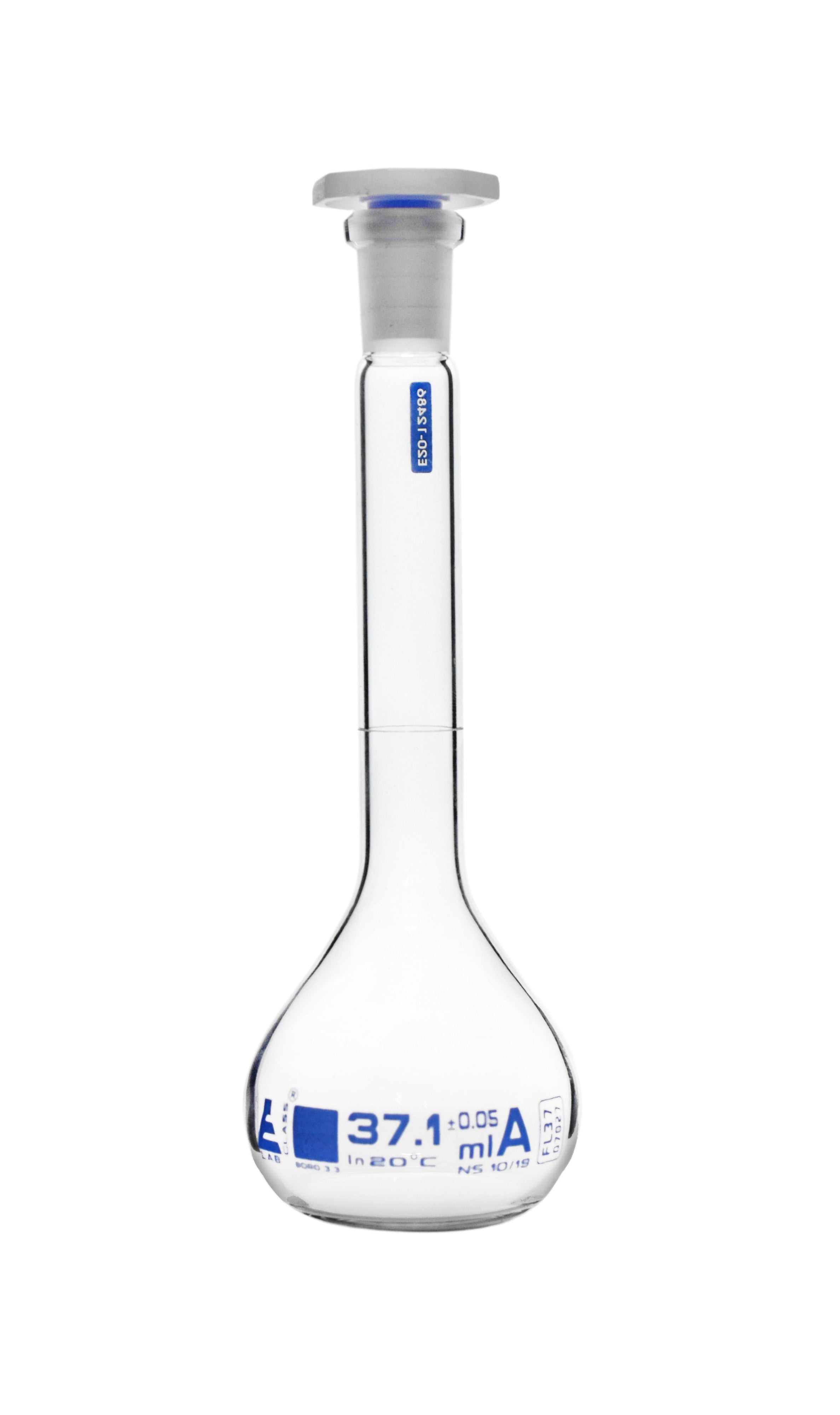 Class A Custom Calibrated Borosilicate Glass Volumetric Flask with Polyethylene Stopper, White Graduations