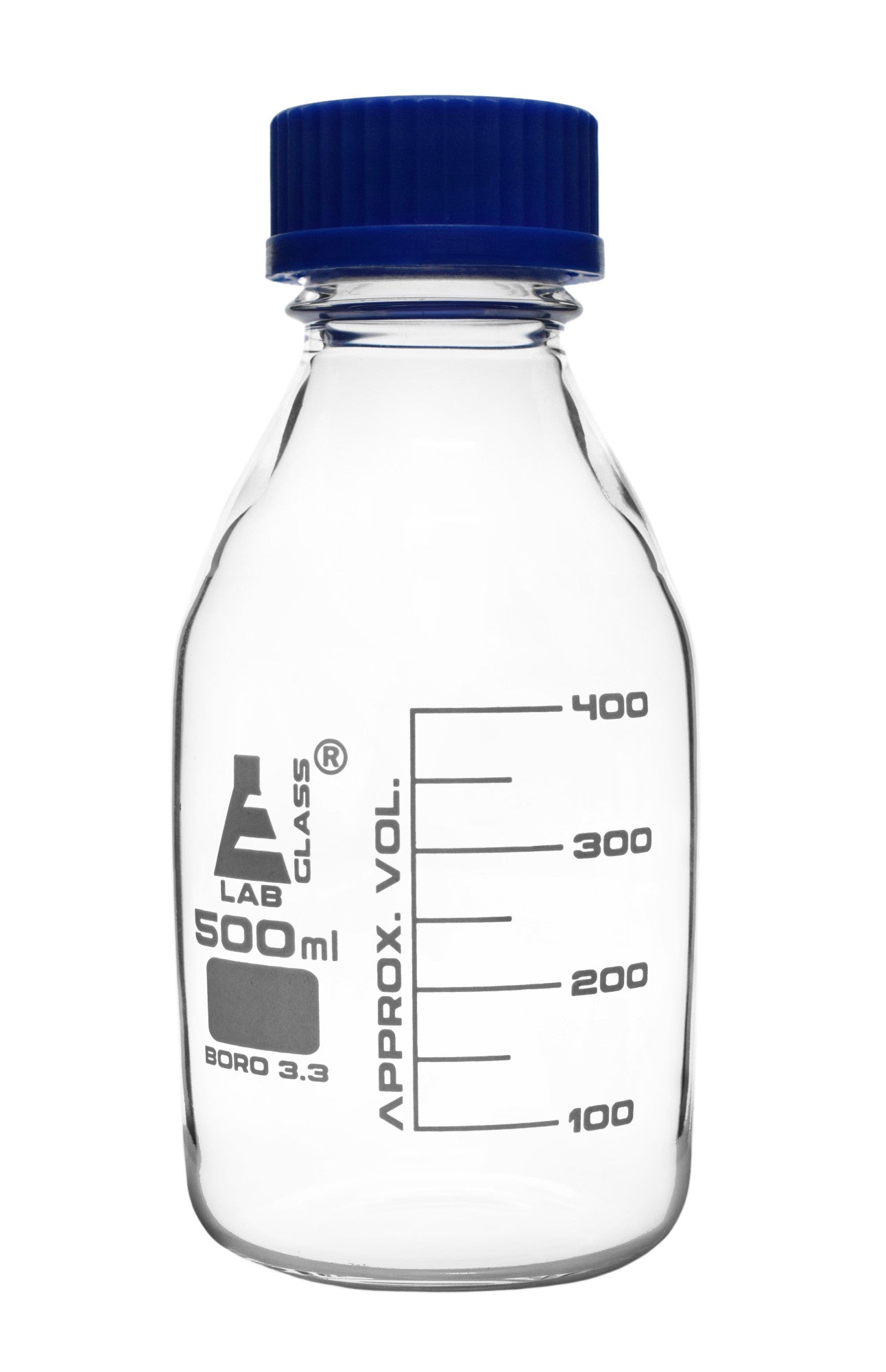 Borosilicate Glass Reagent Bottle with Blue Screw Cap and White Graduations