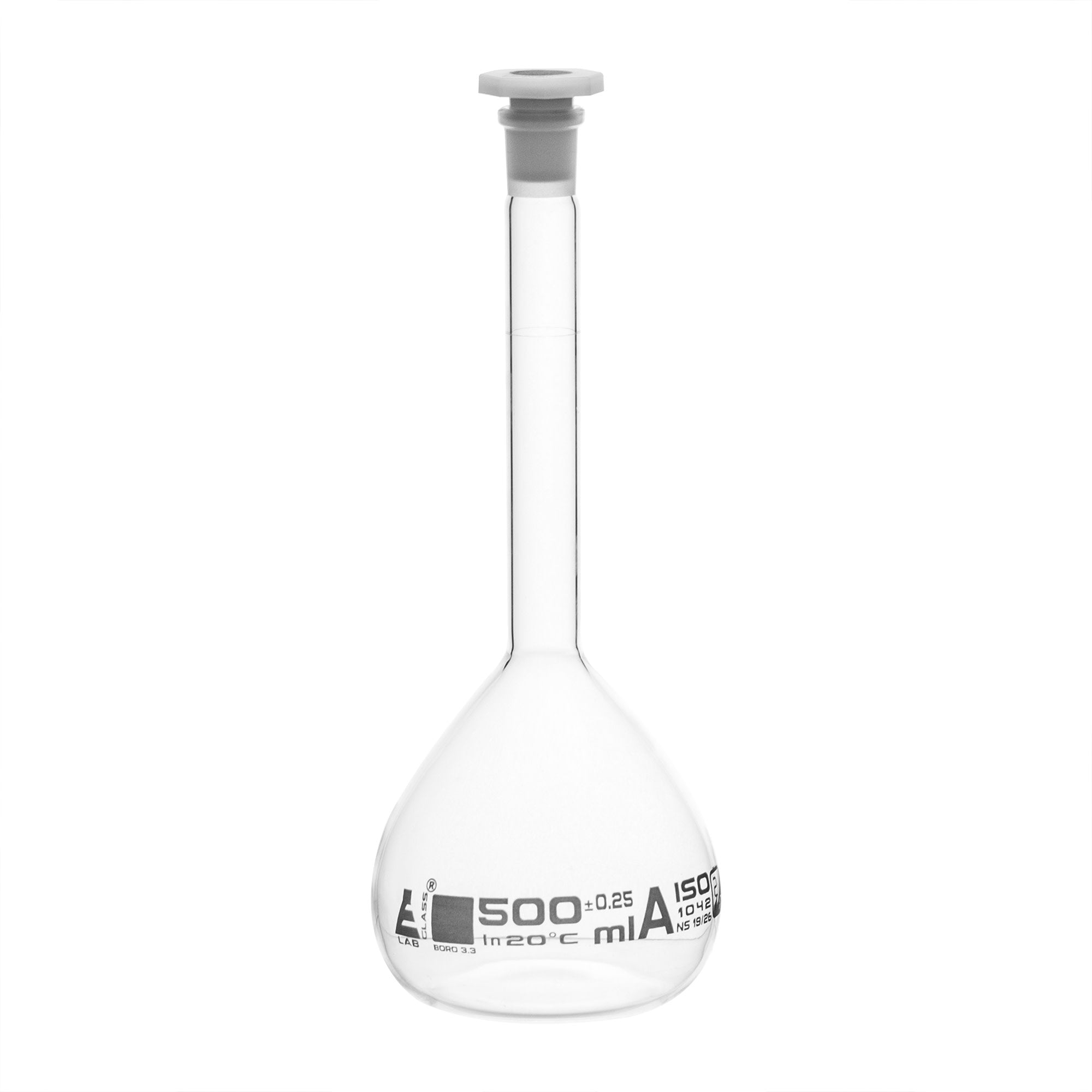 Class A Borosilicate Glass Volumetric Flask with Polyethylene Stopper, White Graduations