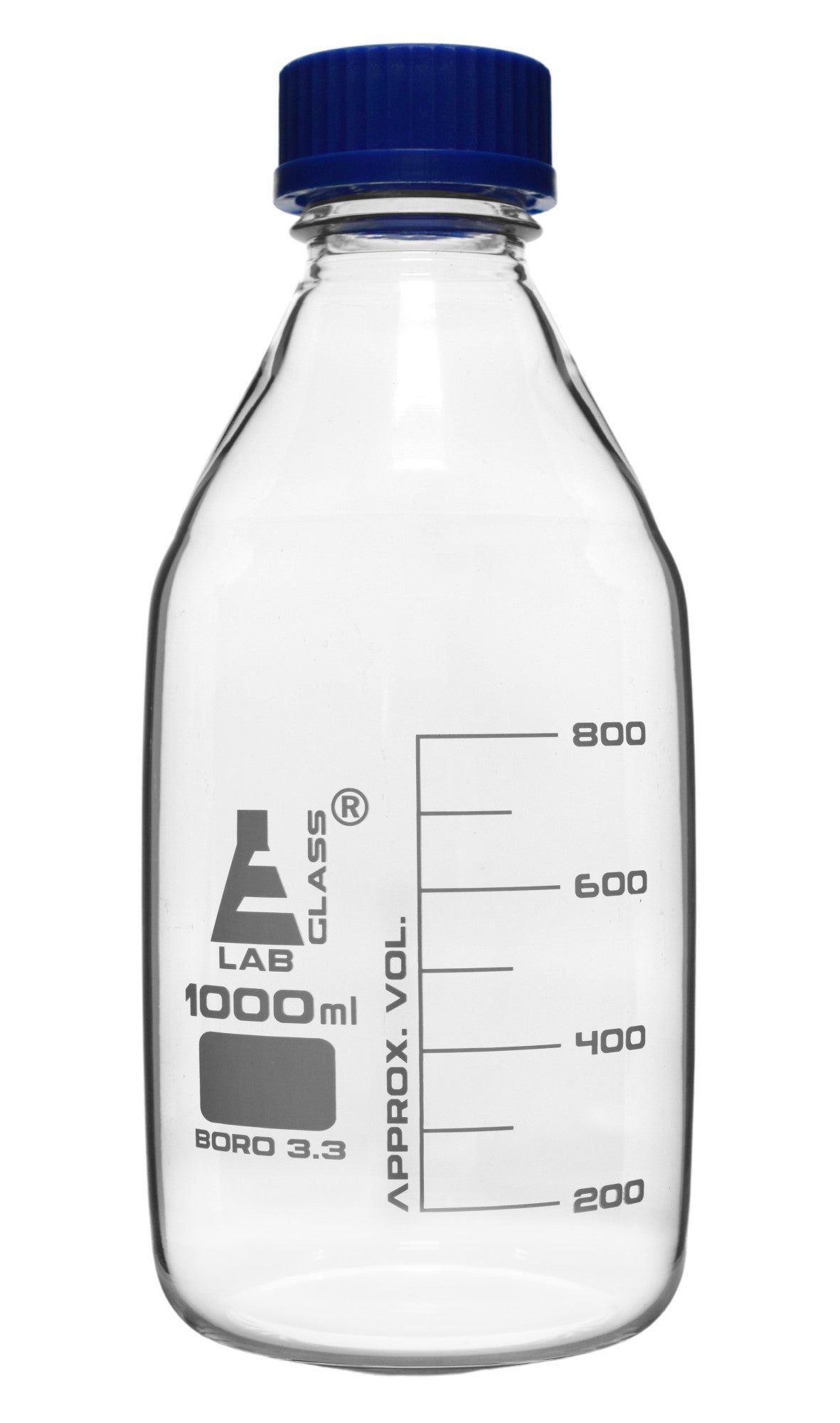 Borosilicate Glass Reagent Bottle with Blue Screw Cap and White Graduations
