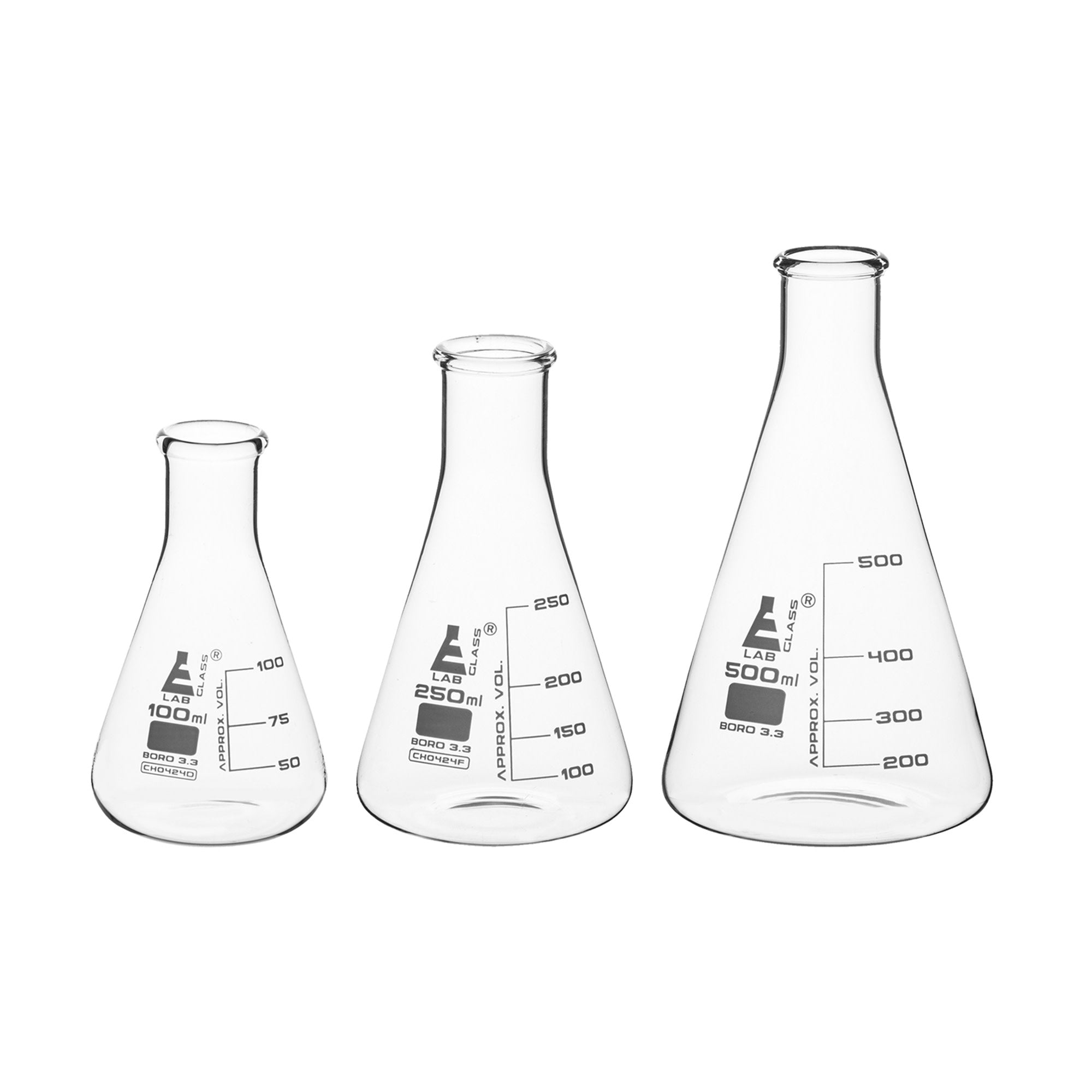 3-Piece Premium Narrow Neck Erlenmeyer Flask Set, 100/250/500mL, White Graduations, Borosilicate 3.3 Glass