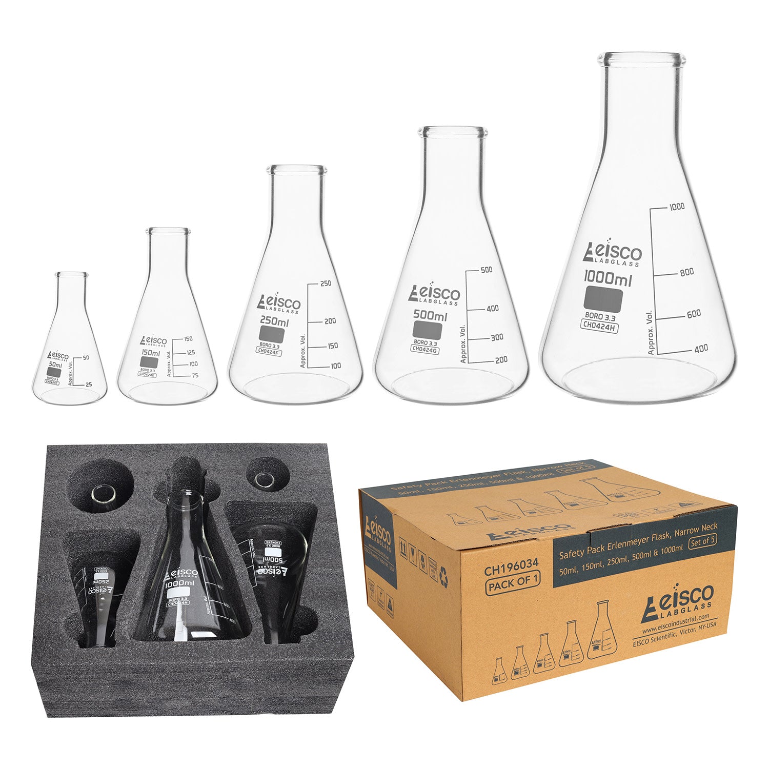 5-Piece Premium Narrow Neck Erlenmeyer Flask Set, 50/150/250/500/1000mL, White Graduations, Borosilicate 3.3 Glass