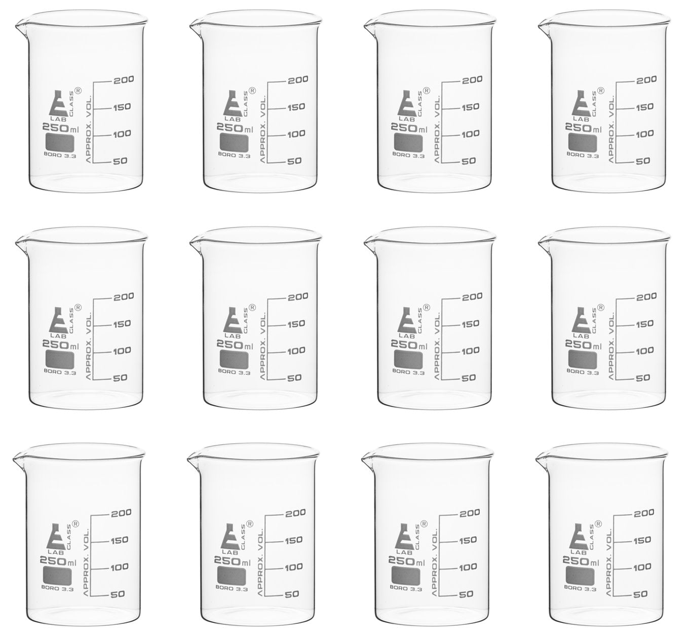 Low Form Borosilicate Glass Beaker with Spout, 12-Pack