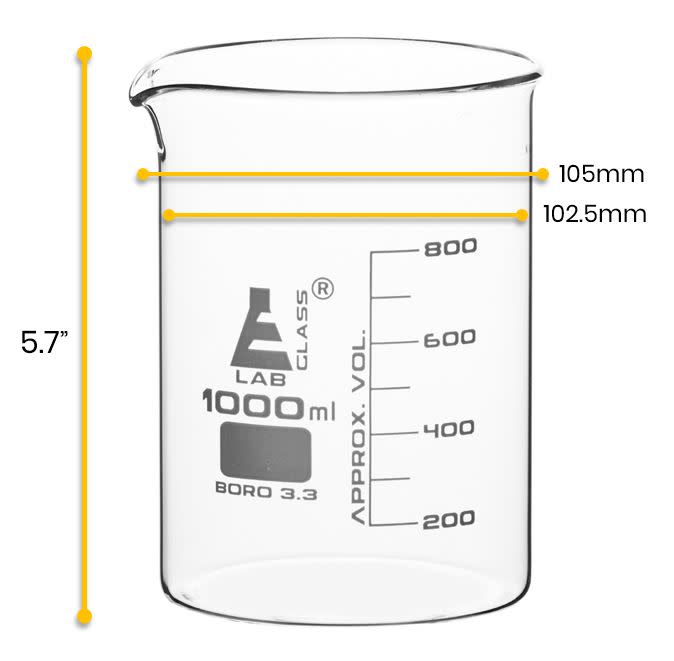 6-Pack Low Form Beakers with Spout, 1000mL, White Graduations, Borosilicate Glass