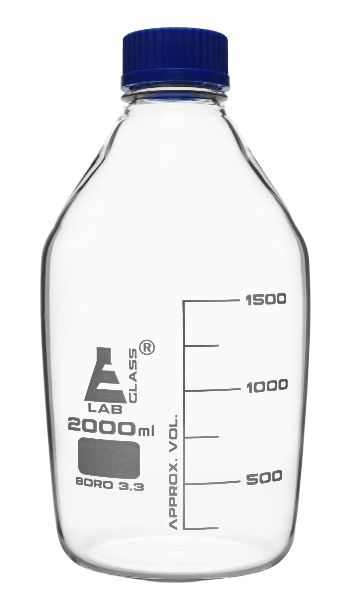 Borosilicate Glass Reagent Bottle with Blue Screw Cap and White Graduations