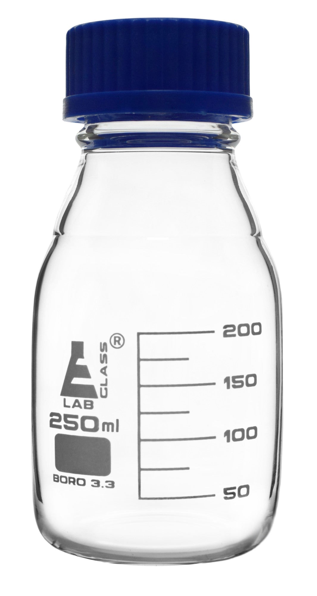 Borosilicate Glass Reagent Bottle with Blue Screw Cap and White Graduations
