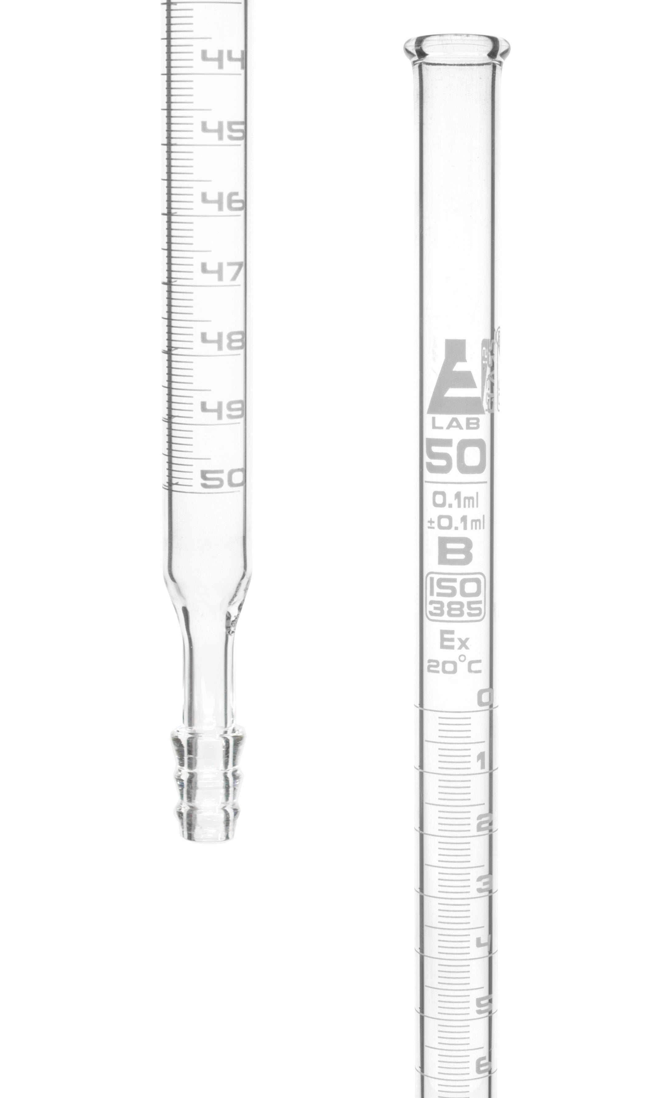 Class B Burette with Ribbed Outlet (No Stopcock), 50mL, White Graduations, Borosilicate Glass