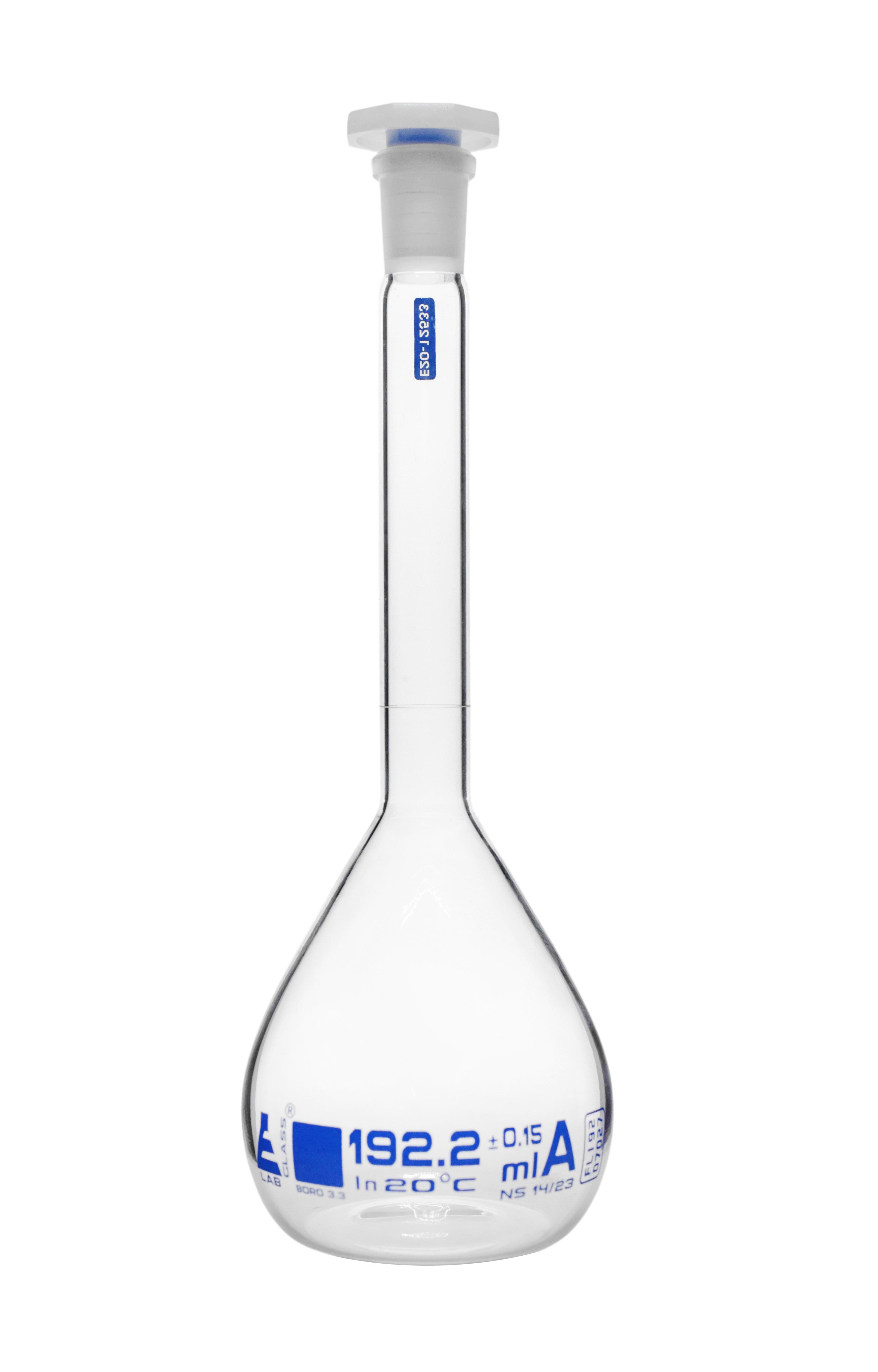 Class A Custom Calibrated Borosilicate Glass Volumetric Flask with Polyethylene Stopper, White Graduations