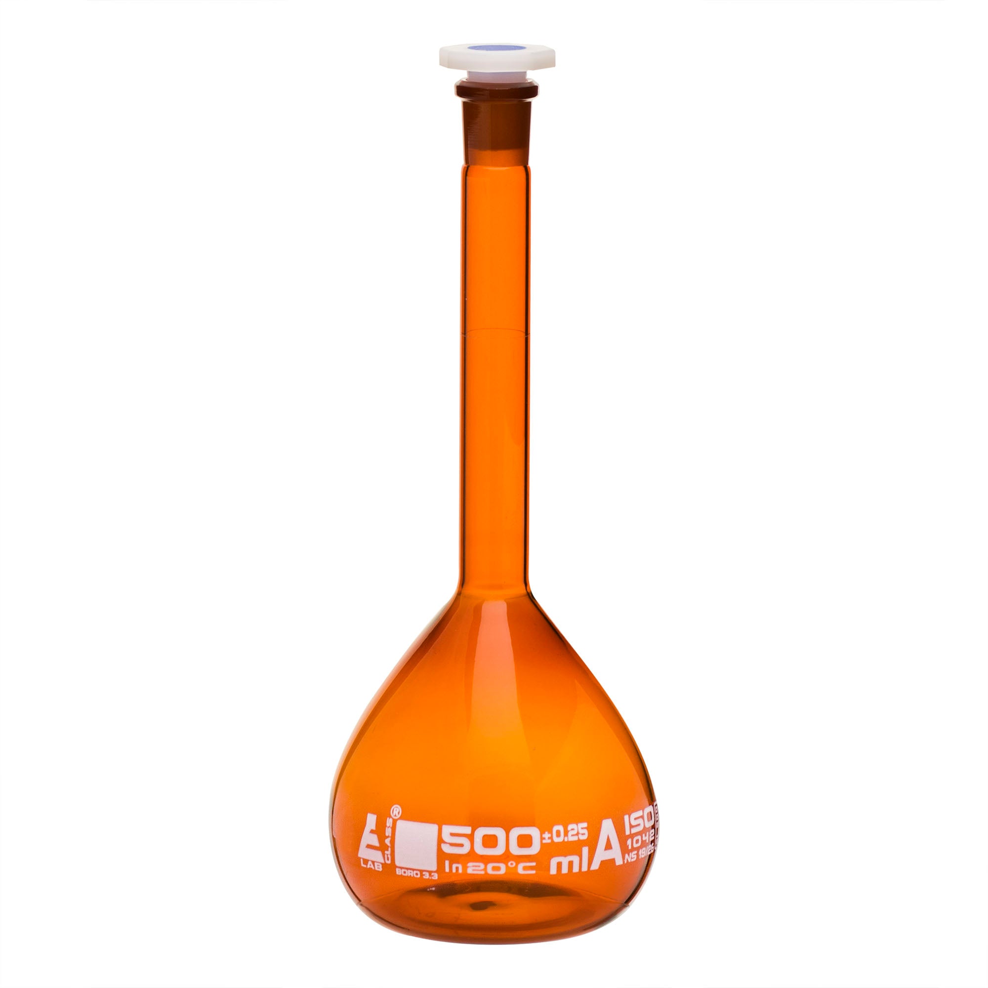 Class A Amber Borosilicate Glass Volumetric Flask with Polypropylene Stopper