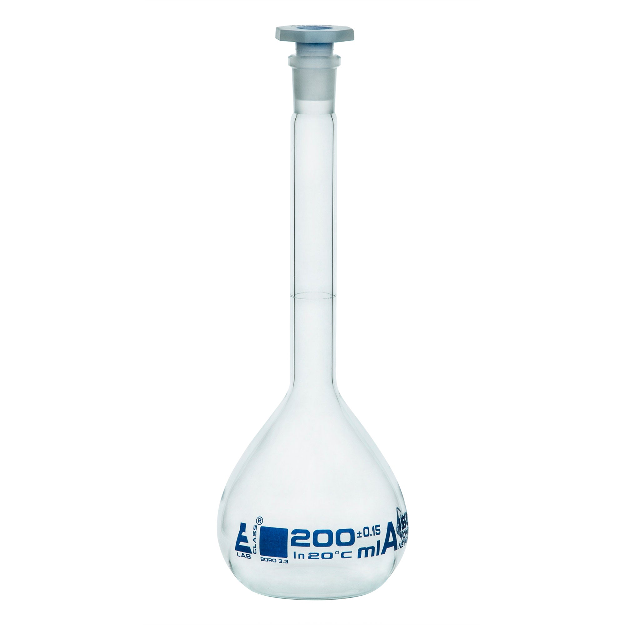 Class A Borosilicate Glass Volumetric Flask with Polyethylene Stopper, Blue Graduations
