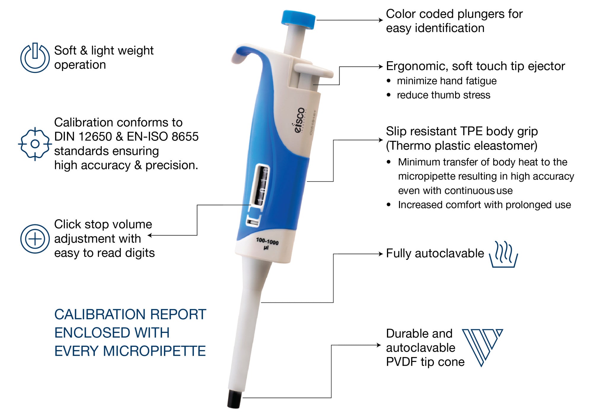 Variable Volume Autoclavable Micropipette, 2-20µL with Calibration Report