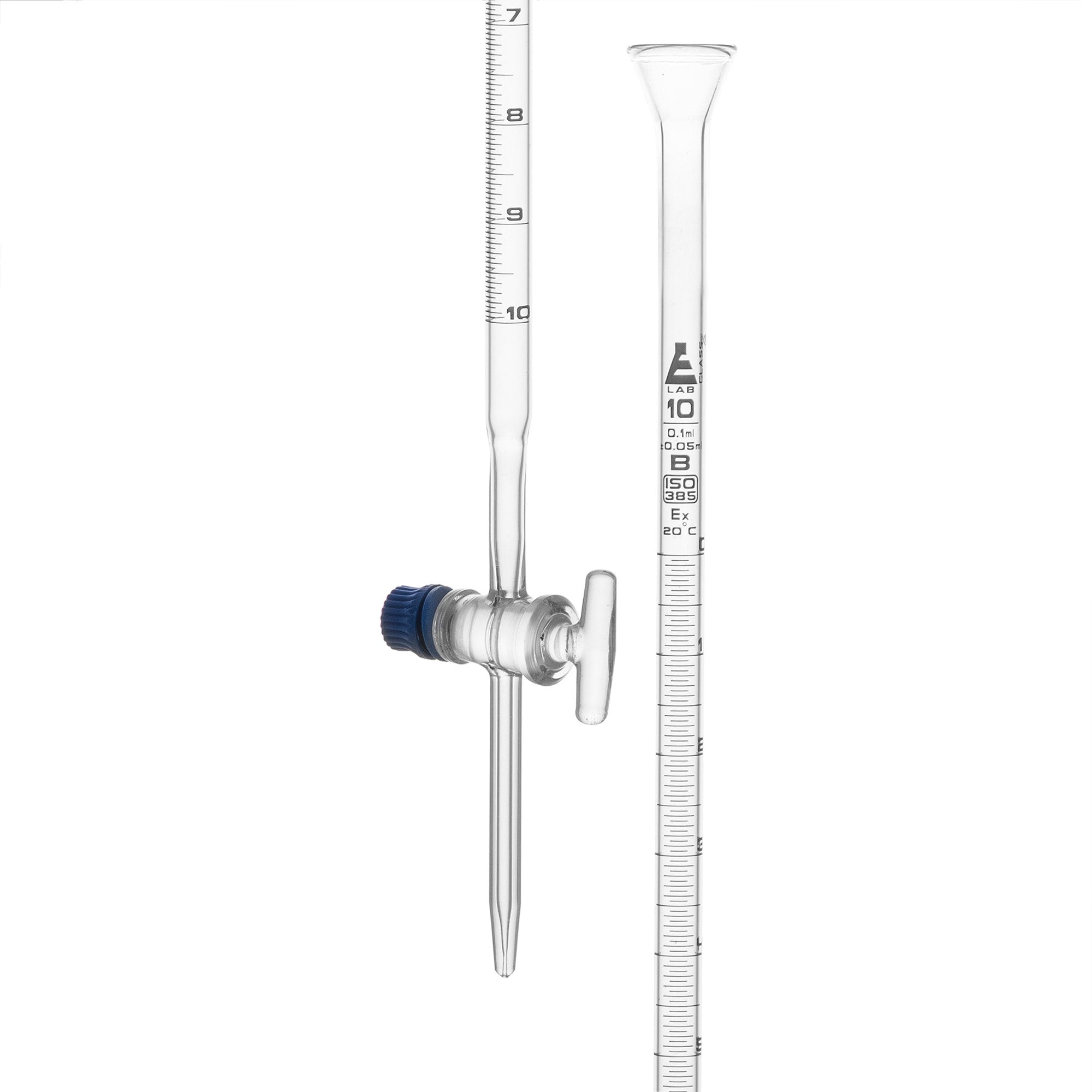 Class B Borosilicate Glass Burette with Glass Key Stopcock, White Graduations