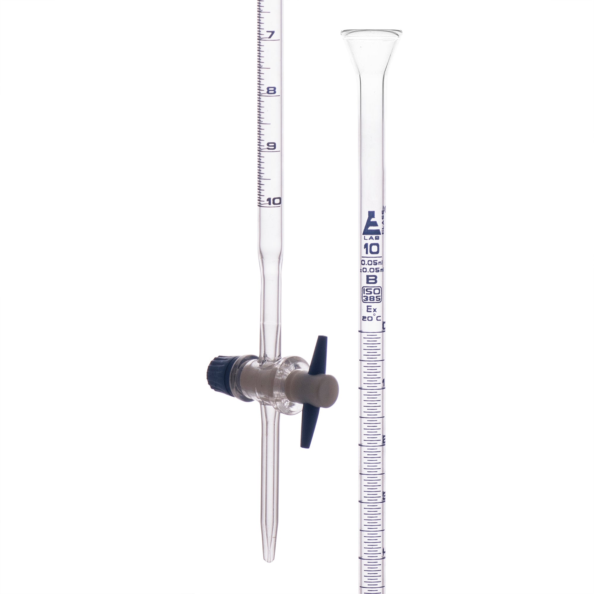 Class B Burette with PTFE Key Stopcock, 10mL, Blue Graduations, Borosilicate Glass