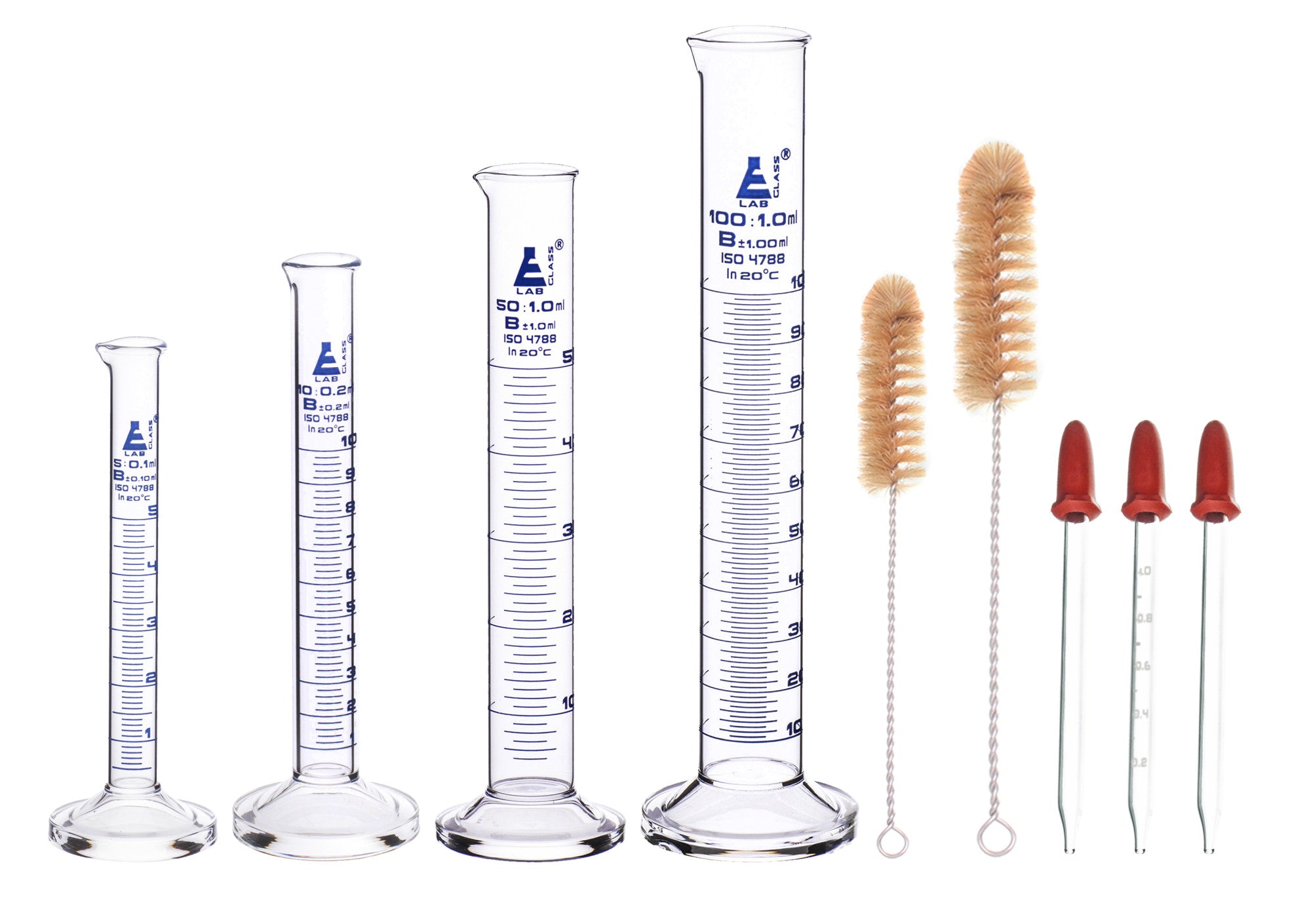 Class B 9-Piece Graduated Cylinder Kit with Cylinders, Droppers and Cleaning Brushes, Borosilicate 3.3 Glass