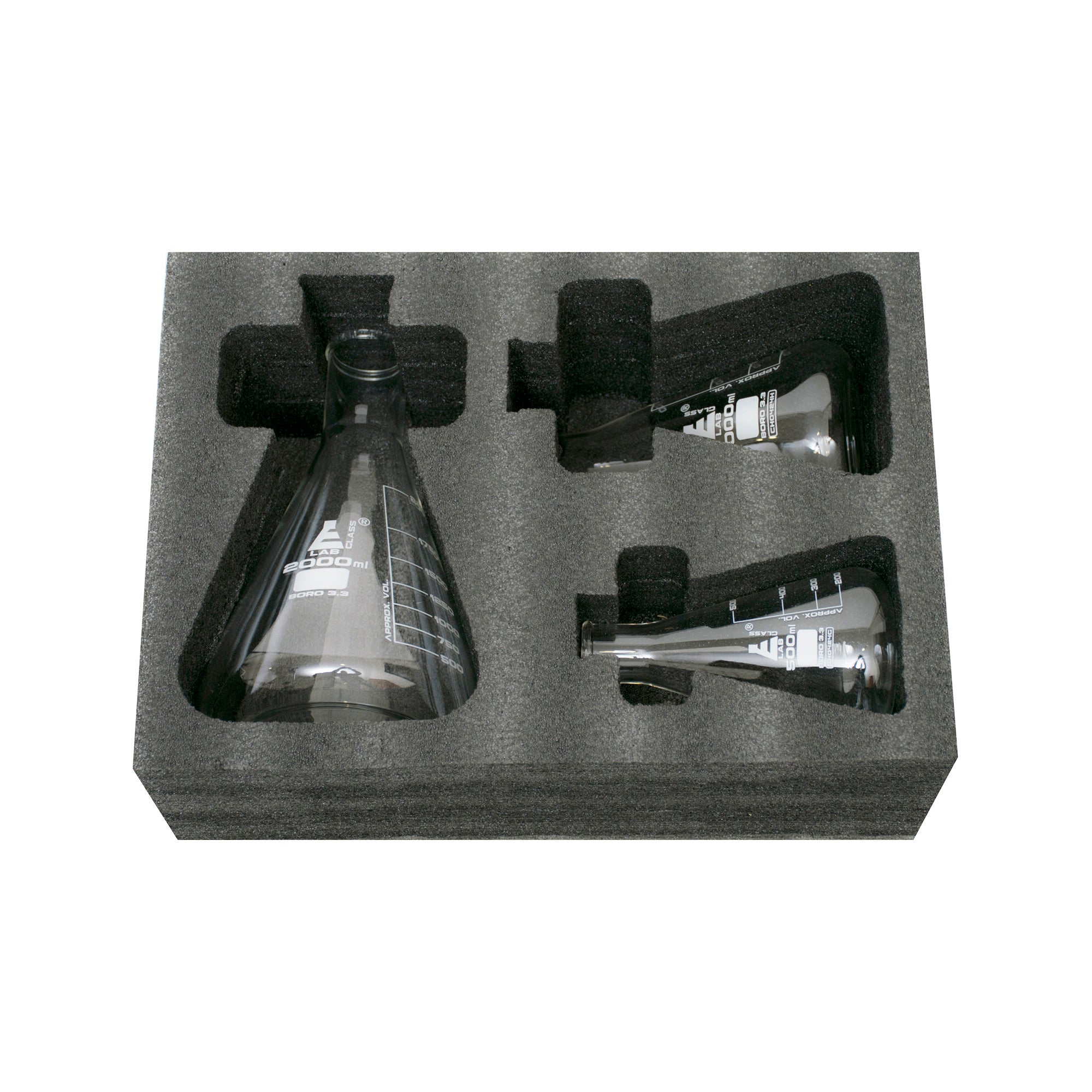 3-Piece Premium Narrow Neck Erlenmeyer Flask Set, 500/1000/2000mL, White Graduations, Borosilicate 3.3 Glass