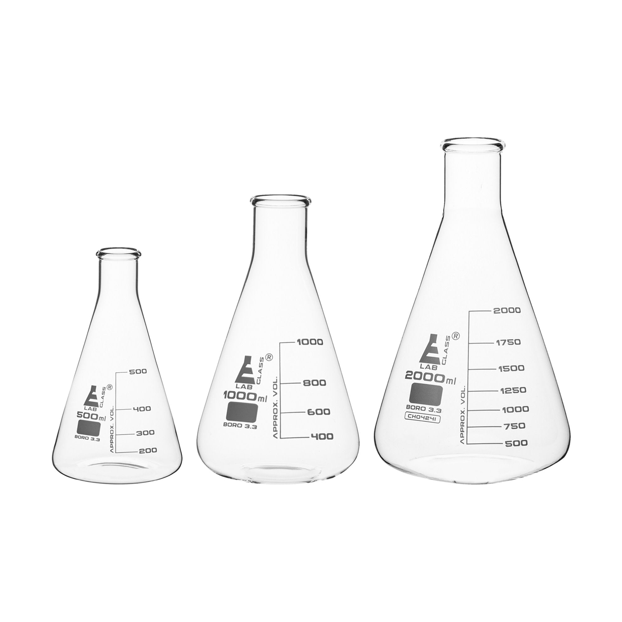 3-Piece Premium Narrow Neck Erlenmeyer Flask Set, 500/1000/2000mL, White Graduations, Borosilicate 3.3 Glass