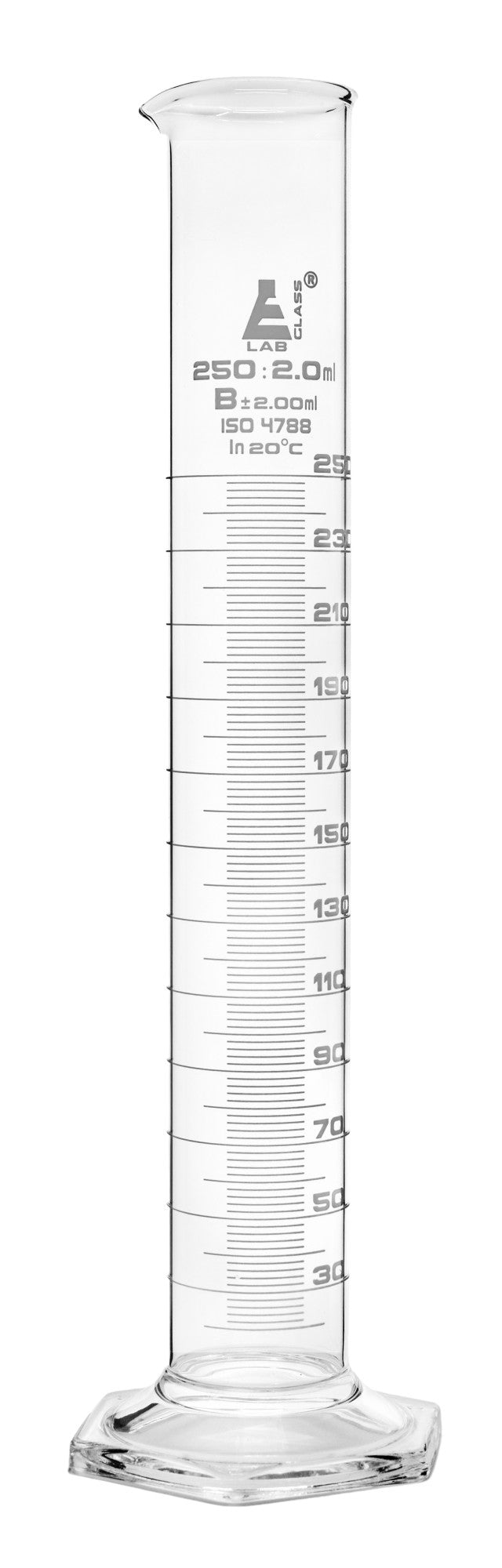 Class B Borosilicate Glass Graduated Cylinder with Hexagonal Base, White Graduations