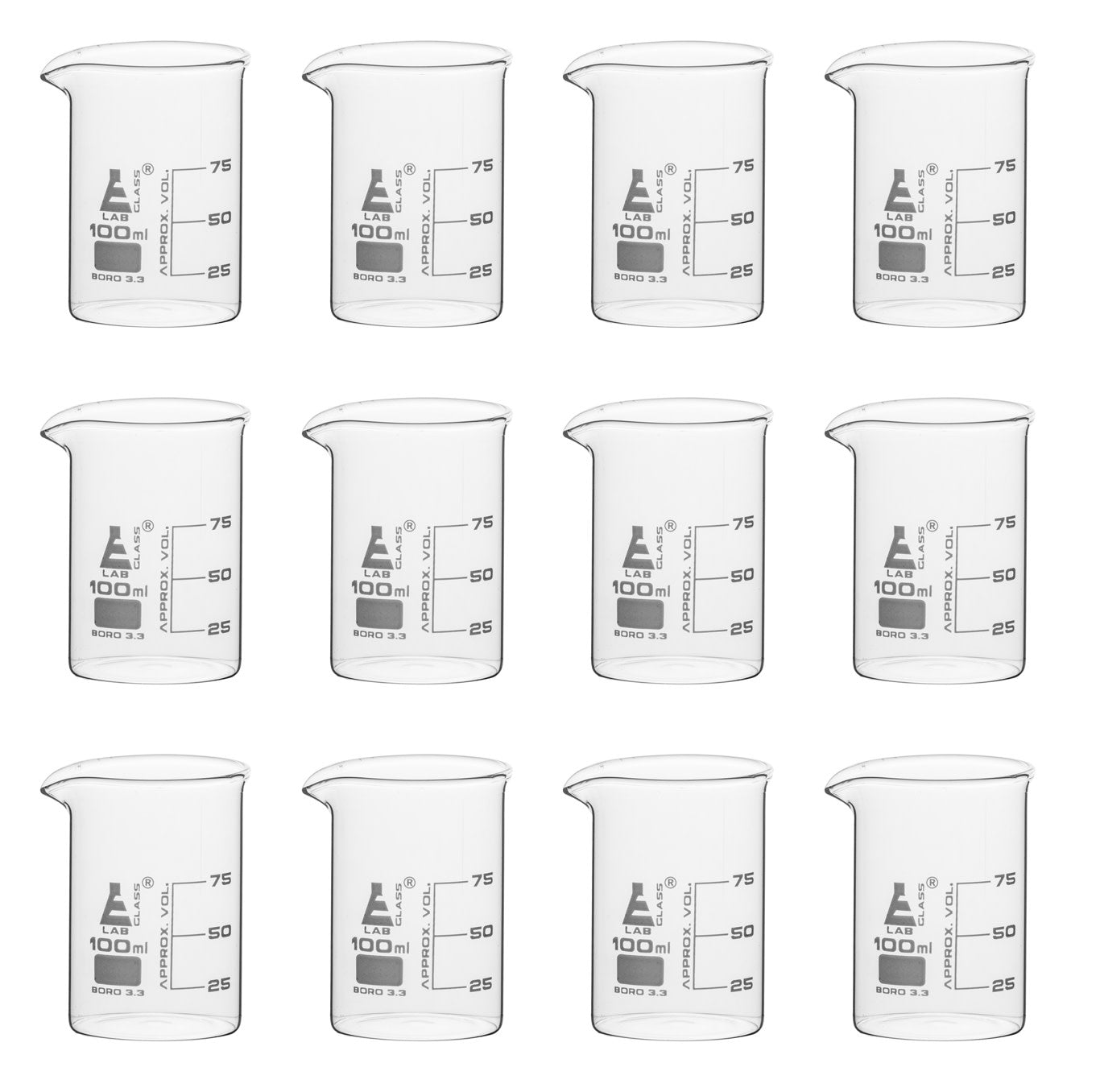 Low Form Borosilicate Glass Beaker with Spout, 12-Pack