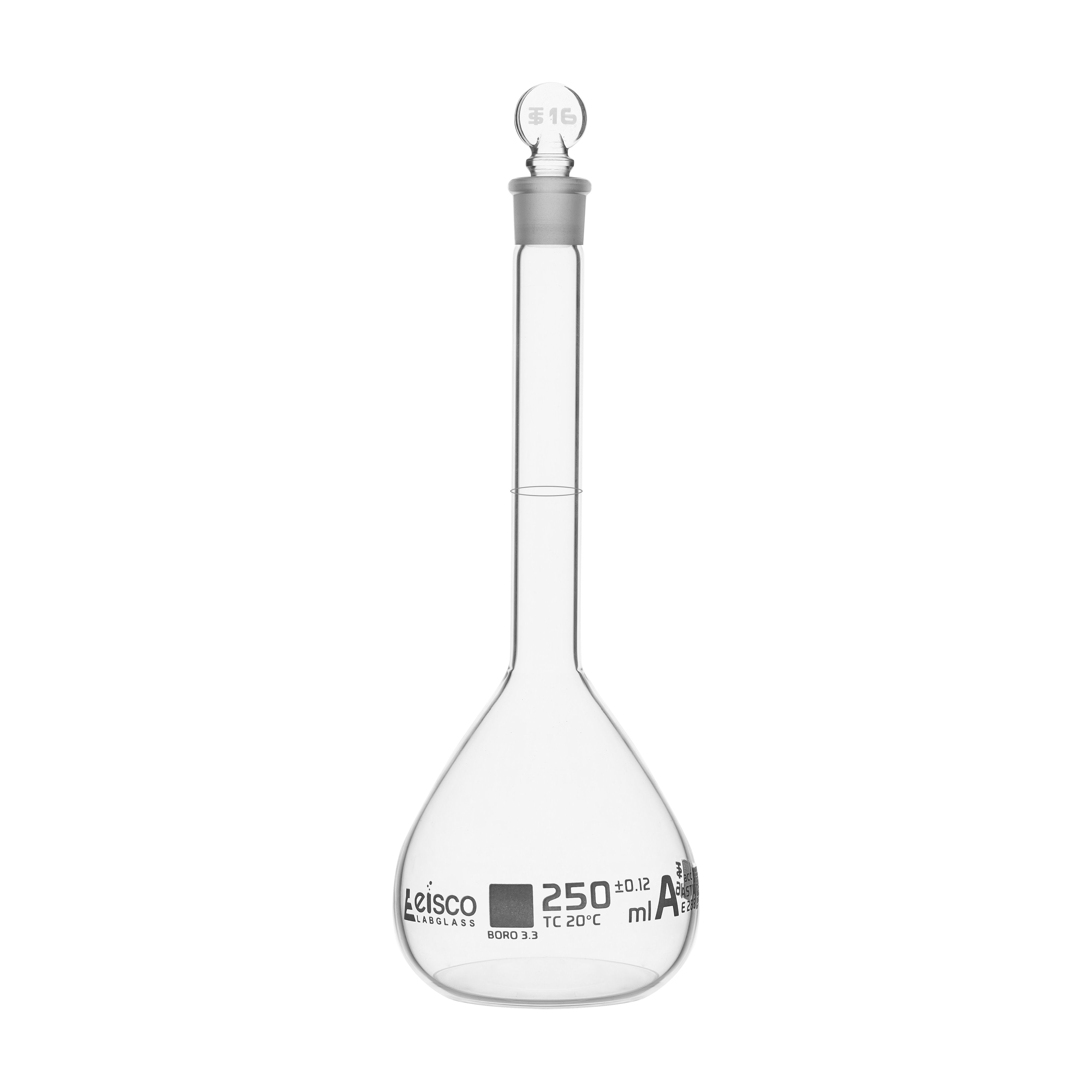 ASTM Class A Borosilicate Glass Volumetric Flask with Glass Stopper, White Graduations