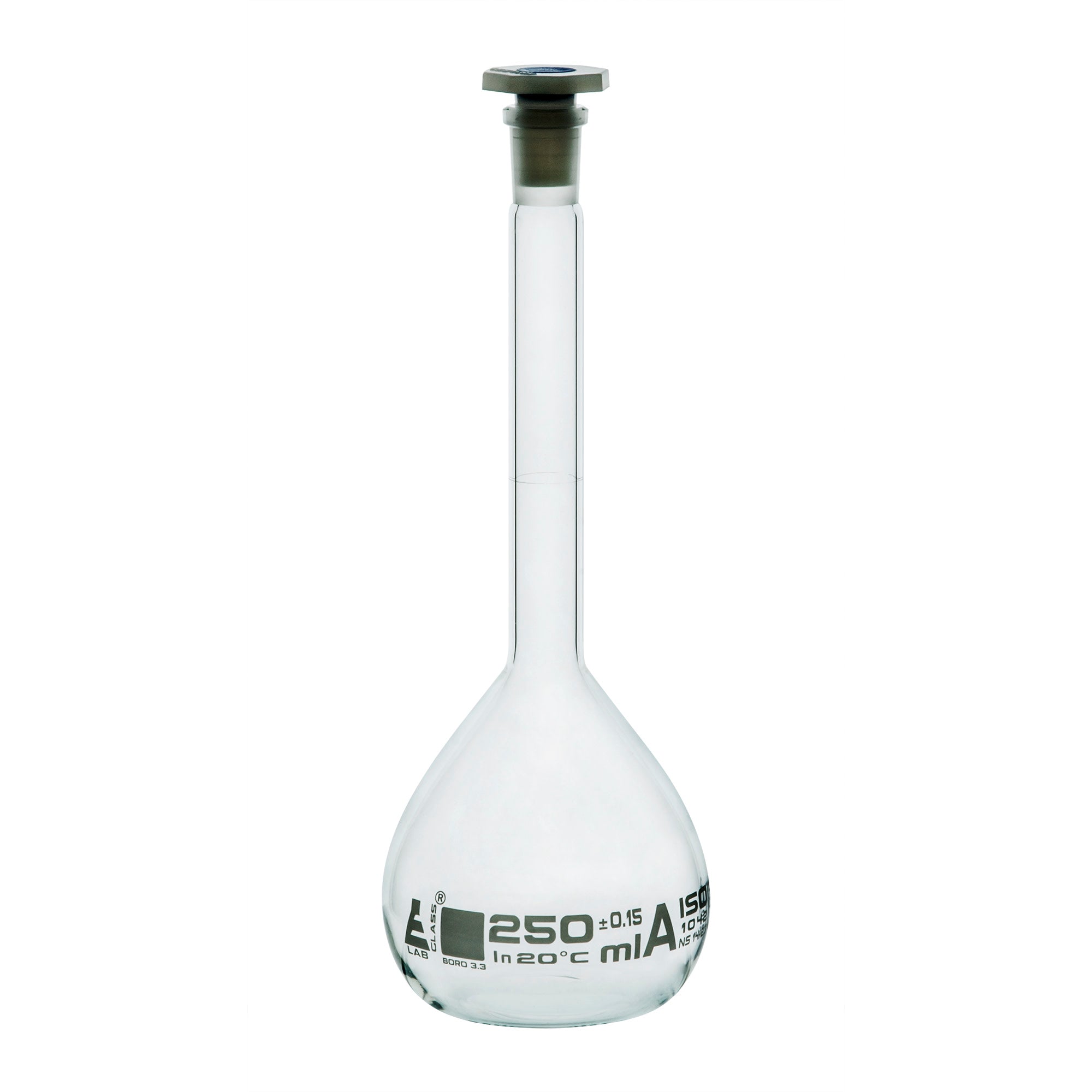 Class A Borosilicate Glass Volumetric Flask with Polyethylene Stopper, White Graduations