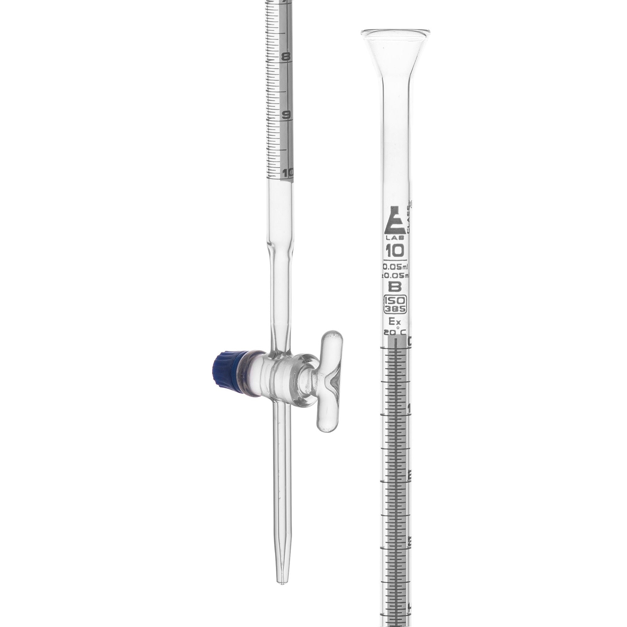 Class B Schellbach Borosilicate Glass Burette, White Graduations
