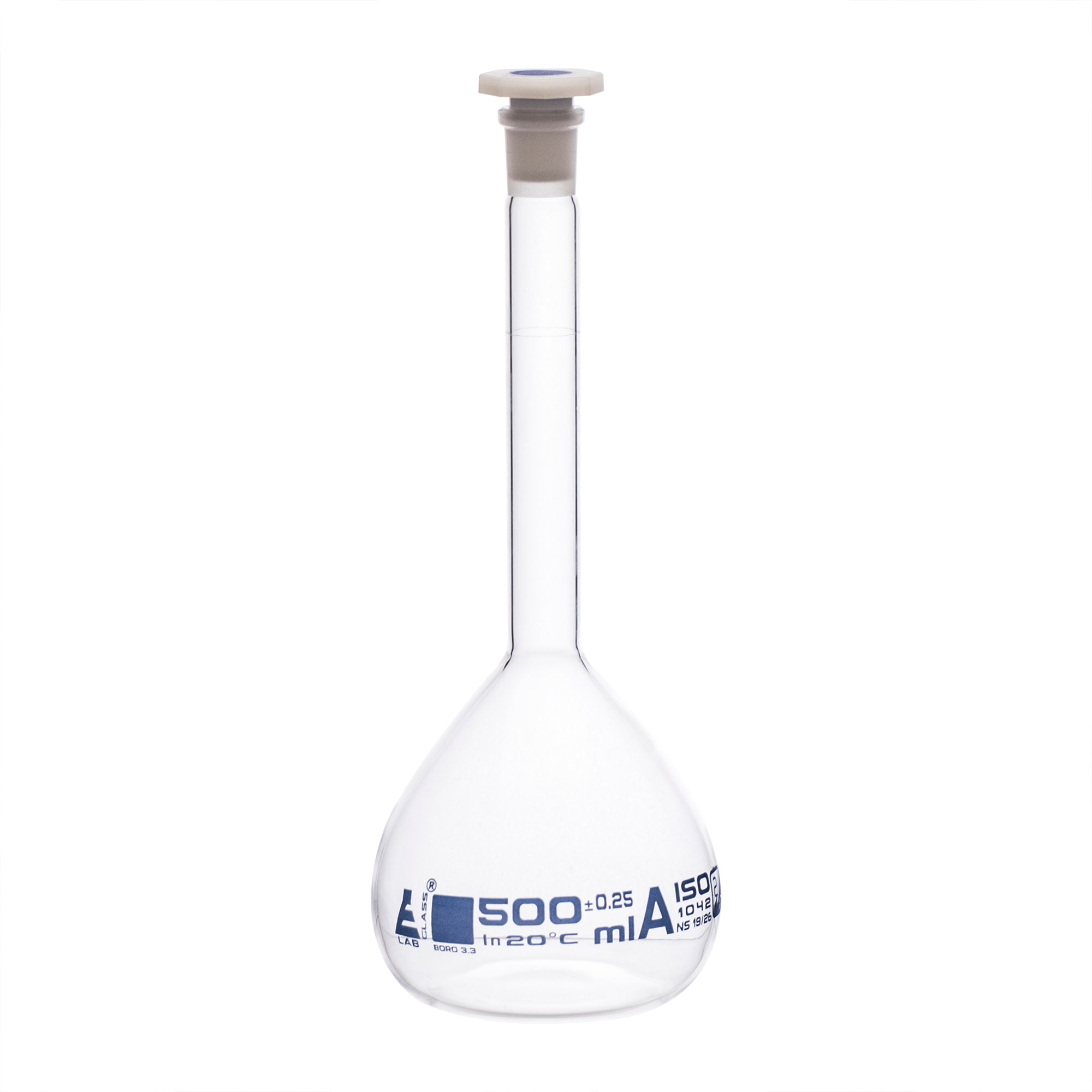 Class A Borosilicate Glass Volumetric Flask with Polyethylene Stopper, Blue Graduations