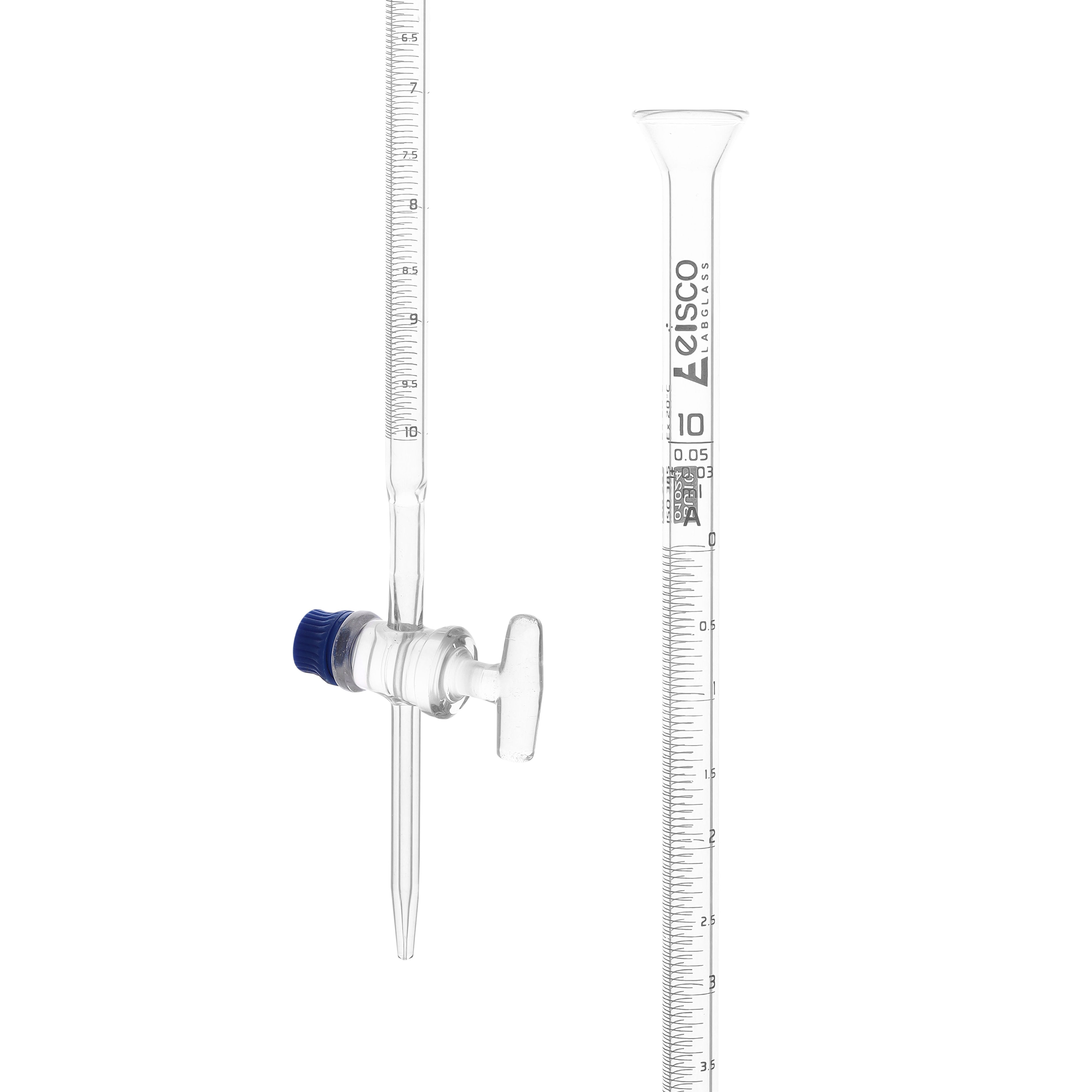 Class A Burette with Glass Key Stopcock, 10mL, White Graduations, Borosilicate Glass