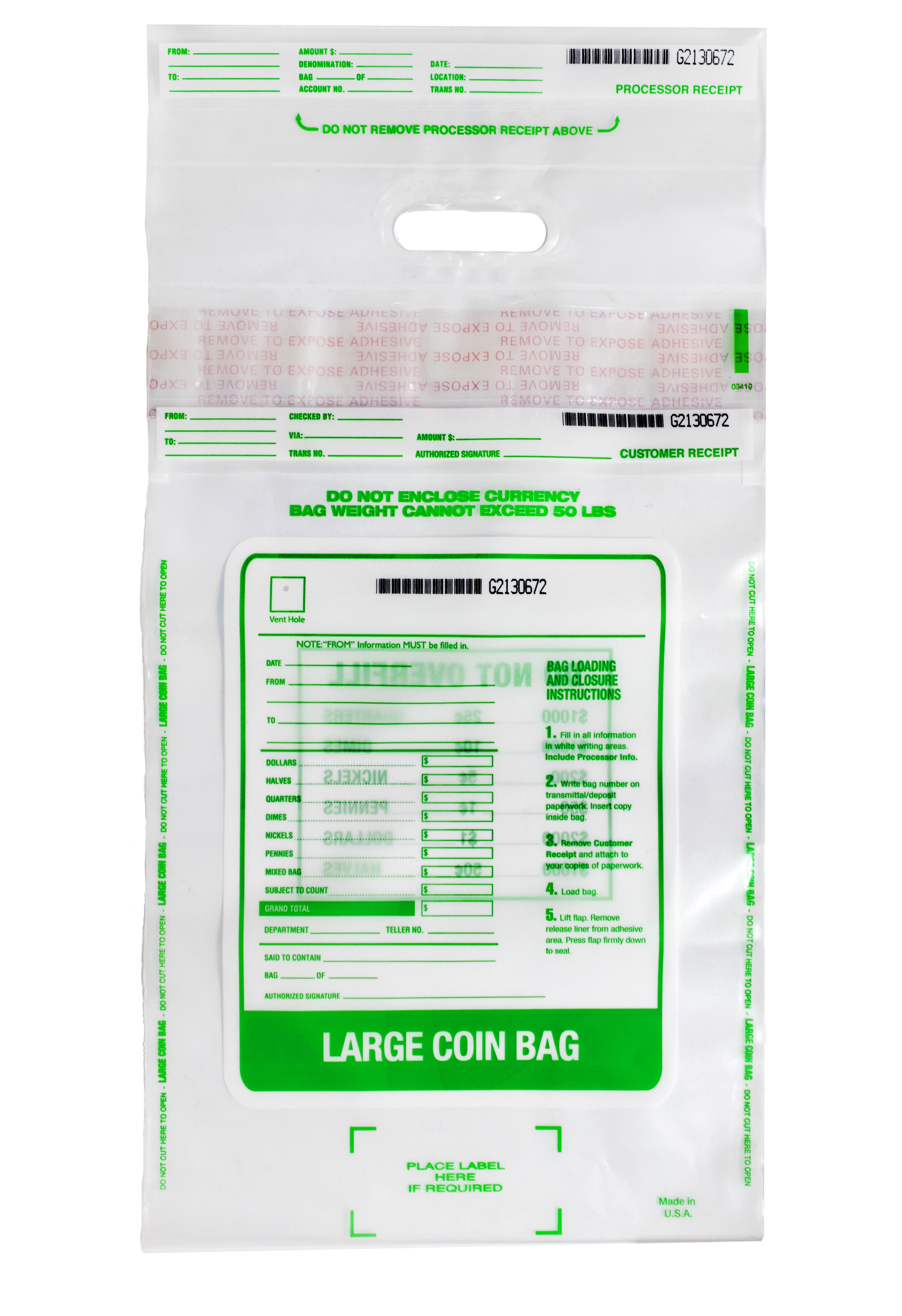 Tamper-Evident Coin Bags, 12 x 22", 50-Pack
