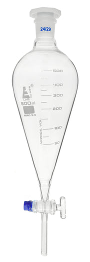 Dropping Funnel, 500mL - Squibb, Graduated - With 24/29 Plastic Stopper & Glass Key Stopcock - Borosilicate Glass