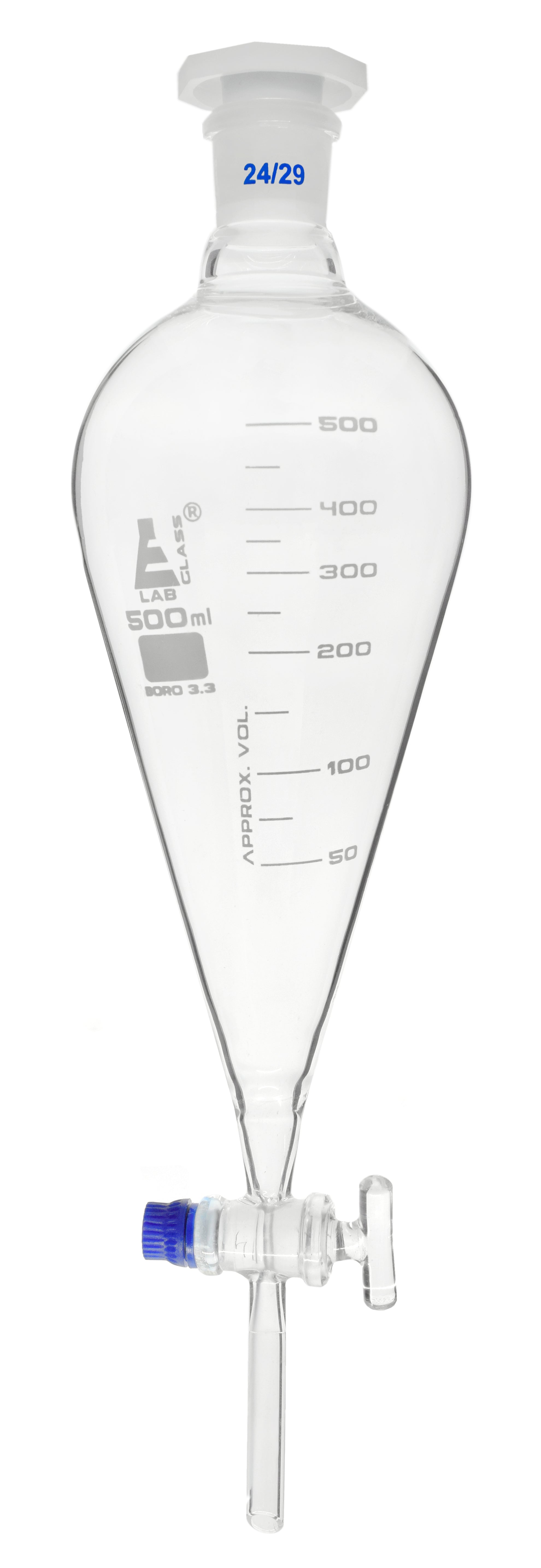 Dropping Funnel, 500mL - Squibb, Graduated - With 24/29 Plastic Stopper & Glass Key Stopcock - Borosilicate Glass