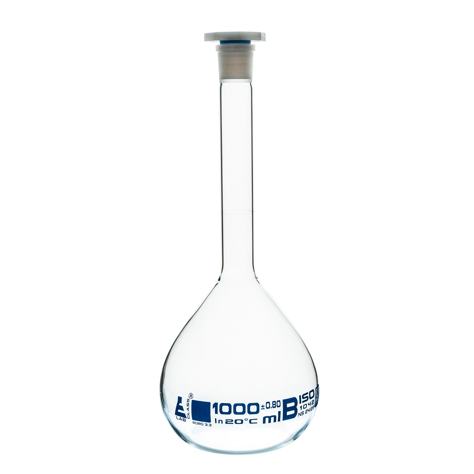 Class B Borosilicate Glass Volumetric Flask with Polyethylene Stopper, Blue Graduations