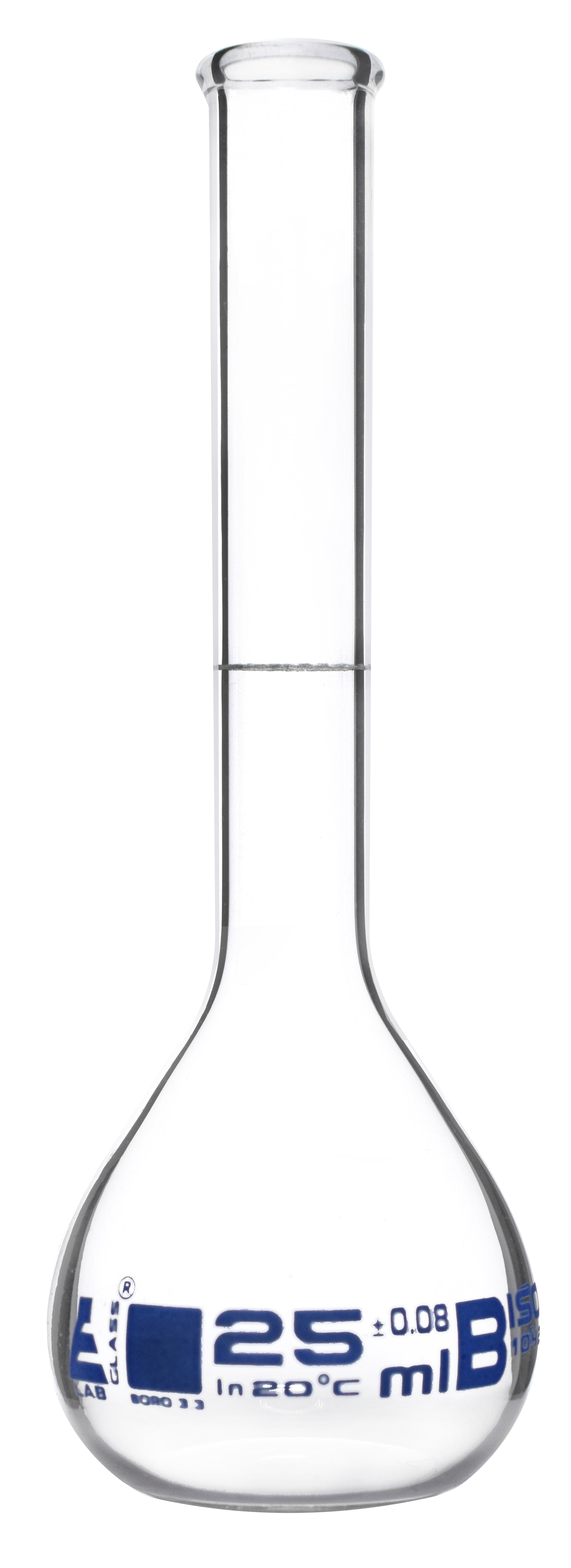 Class B Beaded Rim Volumetric Flask, 25mL, Single Graduation, Borosilicate Glass