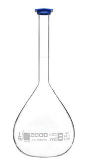 ASTM Class B Volumetric Flask with Blue Snap Cap, 2000mL, White Graduations and White Specifications, Borosilicate 3.3 Glass