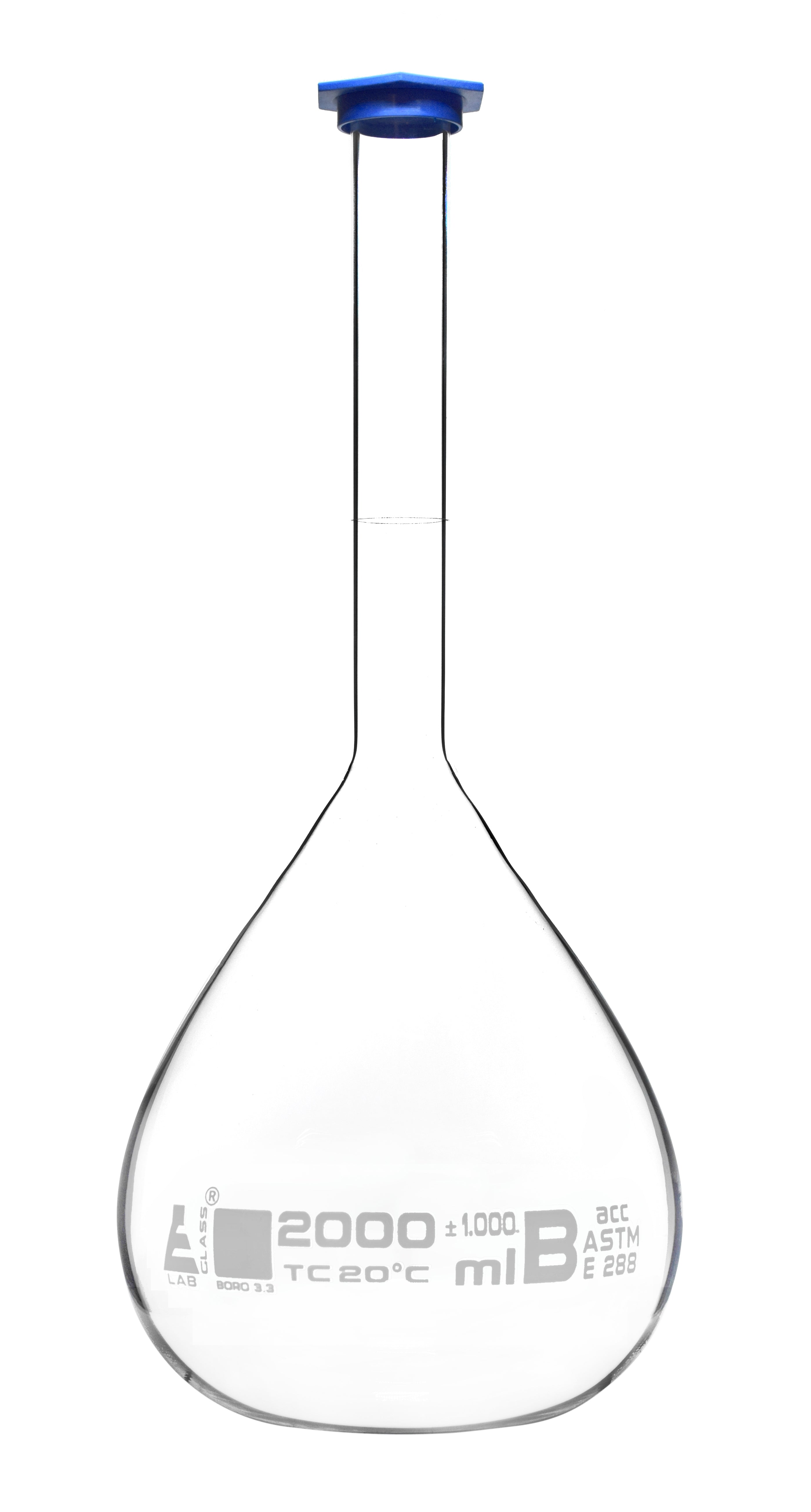 ASTM Class B Volumetric Flask with Blue Snap Cap, 2000mL, White Graduations and White Specifications, Borosilicate 3.3 Glass