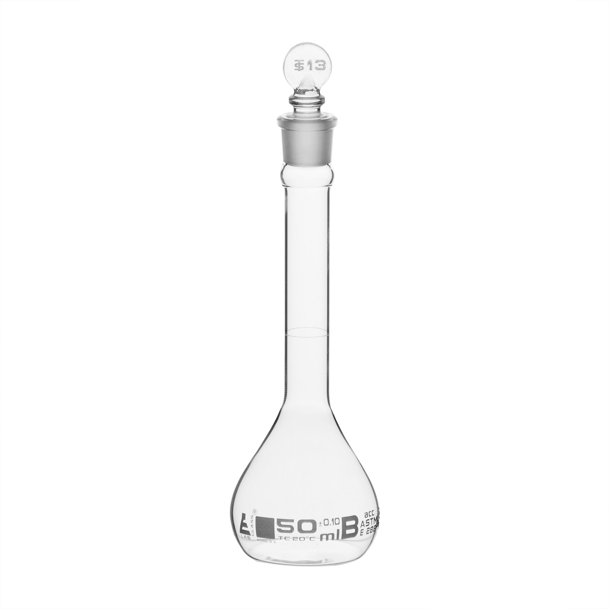 ASTM Class B Borosilicate Glass Volumetric Flask with Glass Stopper, White Graduations