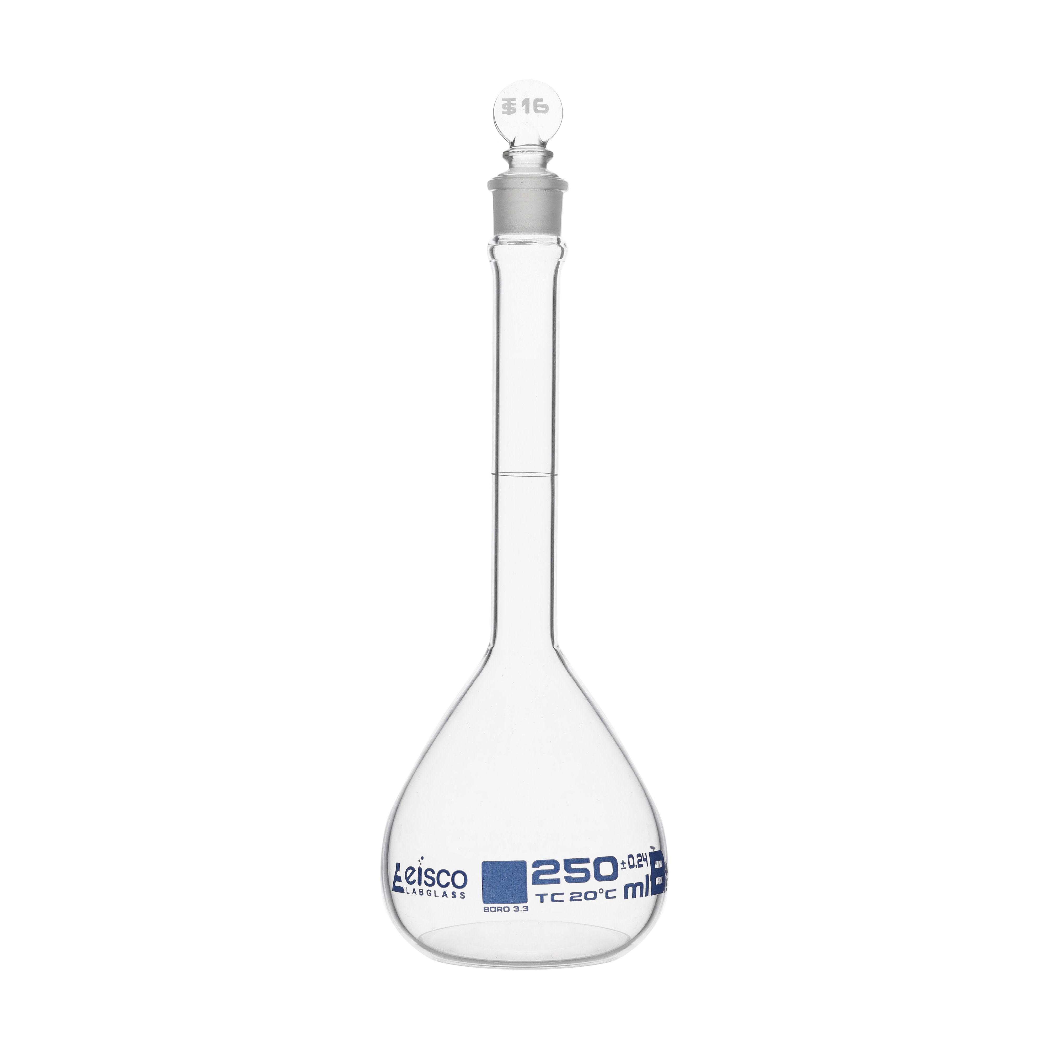 ASTM Class B Borosilicate Glass Volumetric Flask with Glass Stopper, Blue Graduations