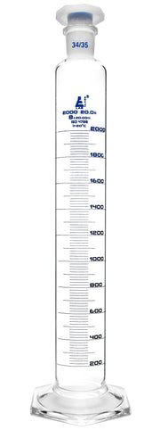 Class B Graduated Cylinder with Polypropylene Stopper and Hexagonal Base, 2000mL, 34/35, Blue Graduations, Borosilicate 3.3 Glass