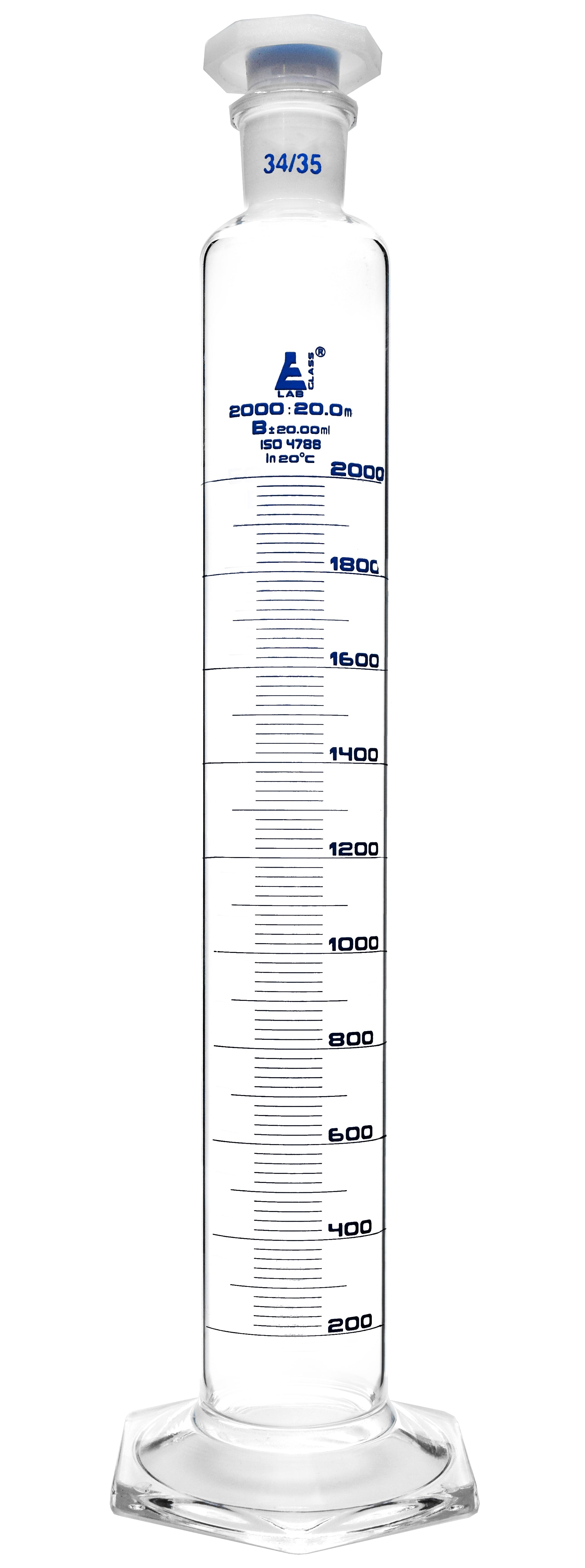 Class B Graduated Cylinder with Polypropylene Stopper and Hexagonal Base, 2000mL, 34/35, Blue Graduations, Borosilicate 3.3 Glass