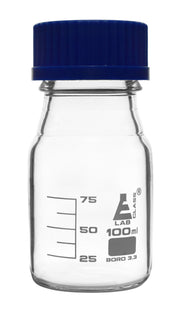 Borosilicate Glass Reagent Bottle with Blue Screw Cap and White Graduations