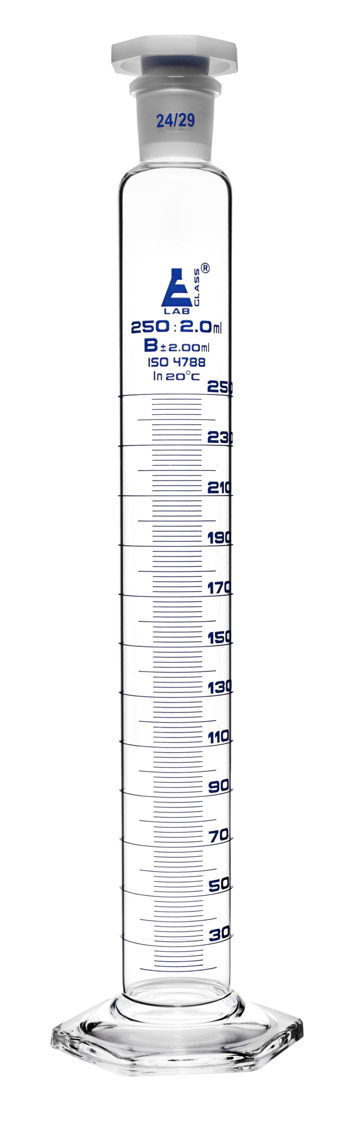 Graduated Cylinder, 250mL - Class B - 24/29 Polypropylene Stopper - Hexagonal Base - Blue Graduations - Borosilicate Glass