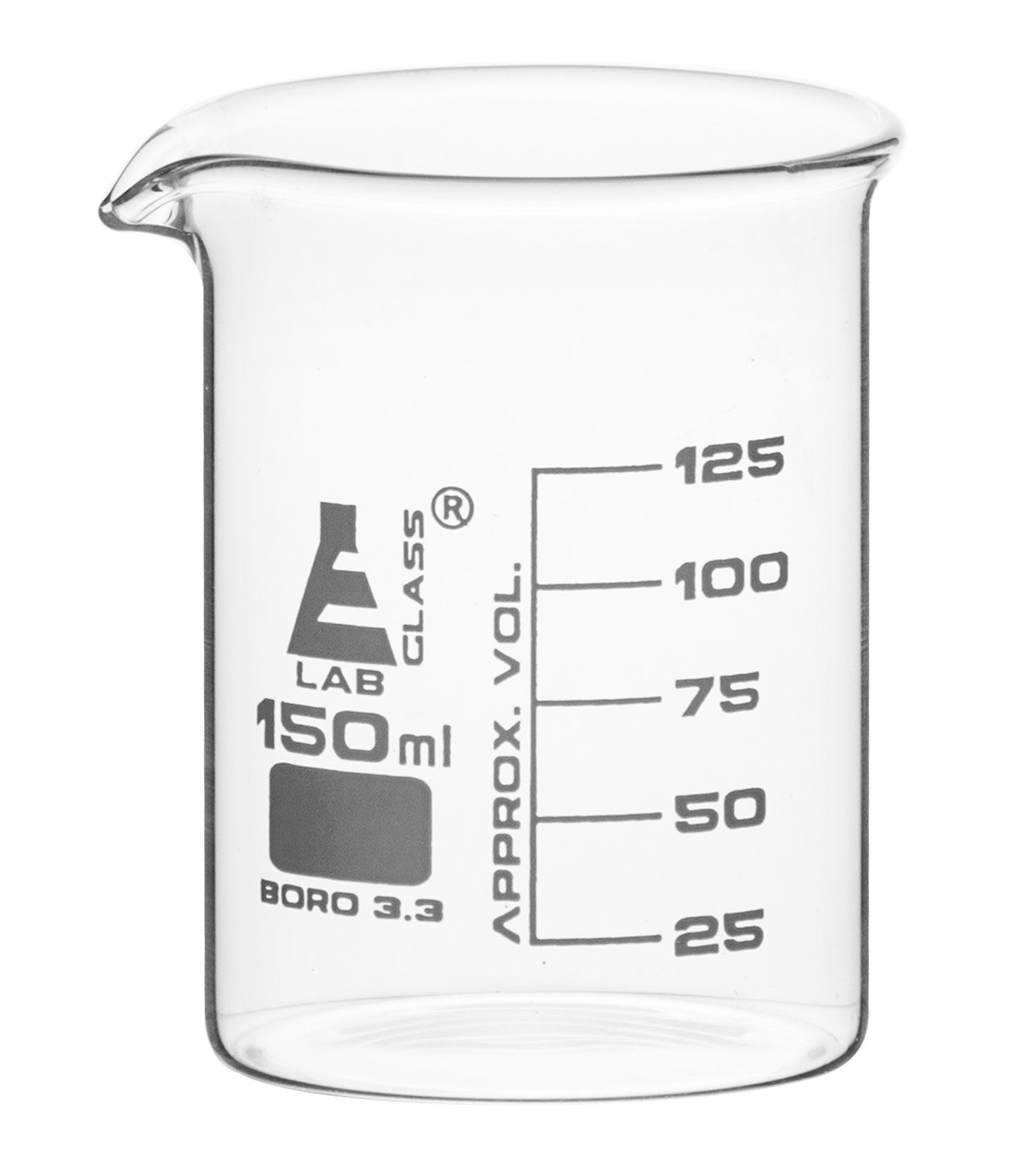 Low Form Borosilicate Glass Beaker with Spout, 150mL, 12-Pack