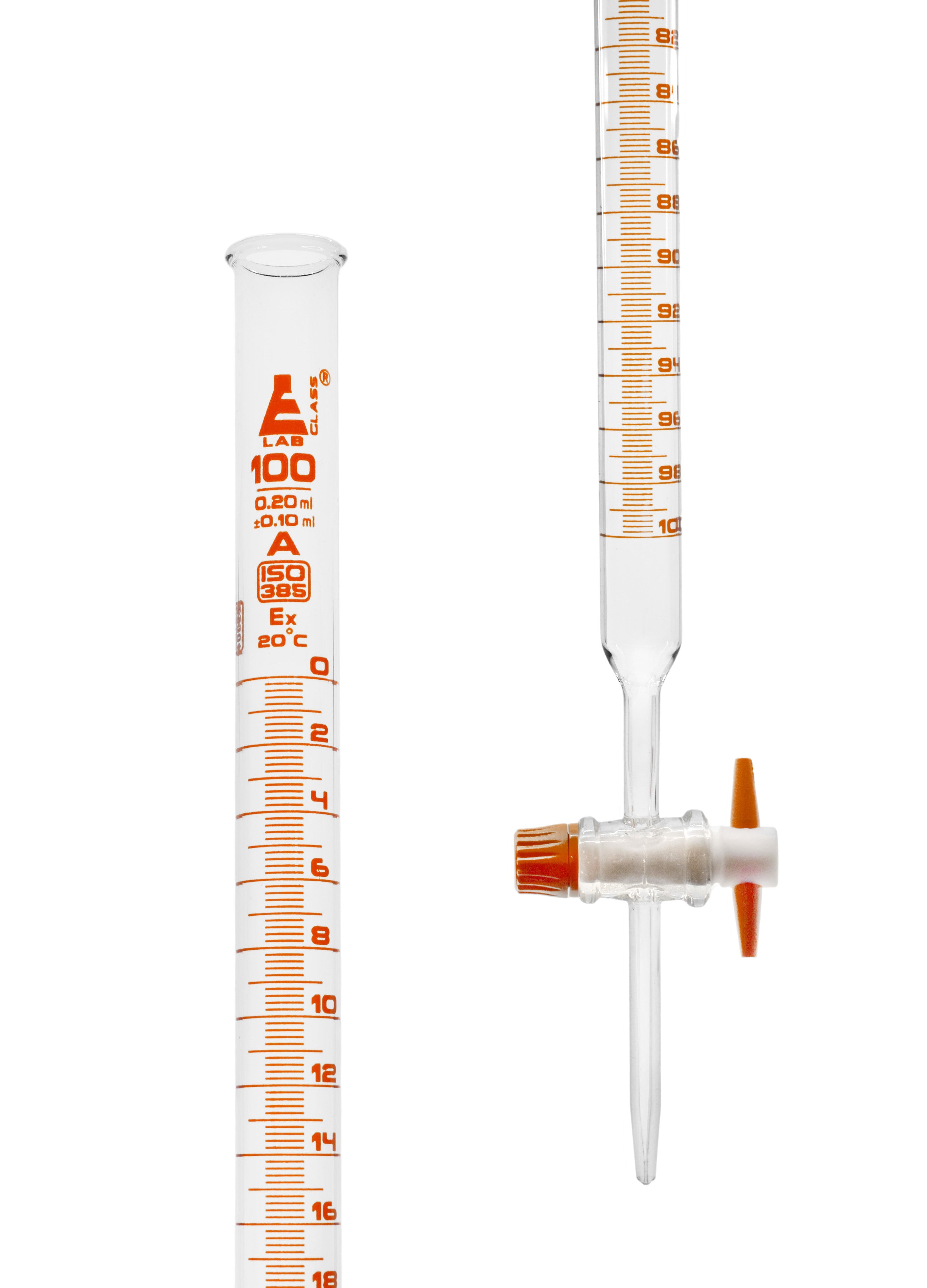 Amber Class A Burette with PTFE Stopcock, 100mL, 0.2mL Graduations, Borosilicate Glass
