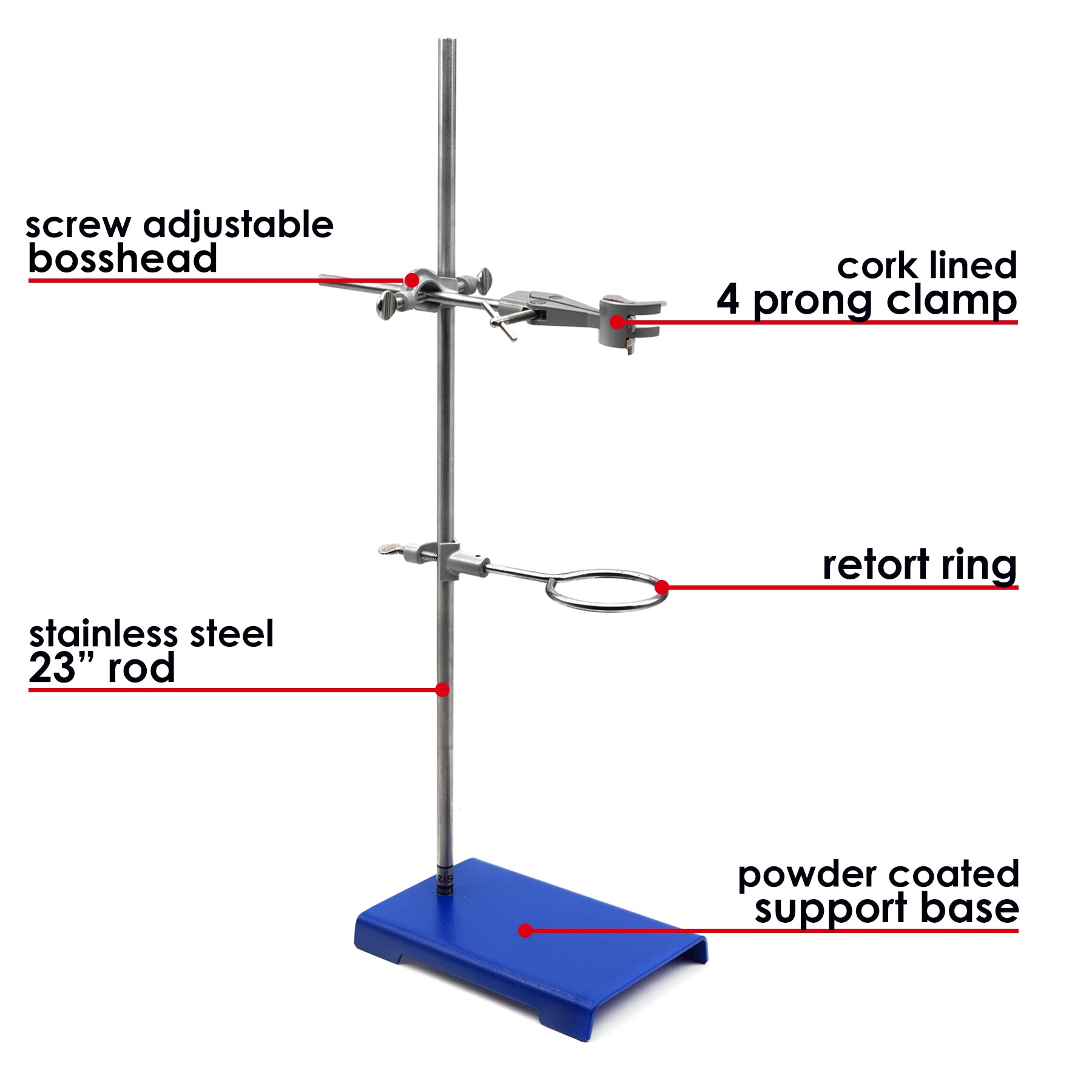 Chemical Resistant Steel Ring Stand Set with Clamp, 8 x 5" Base, 24" Rod