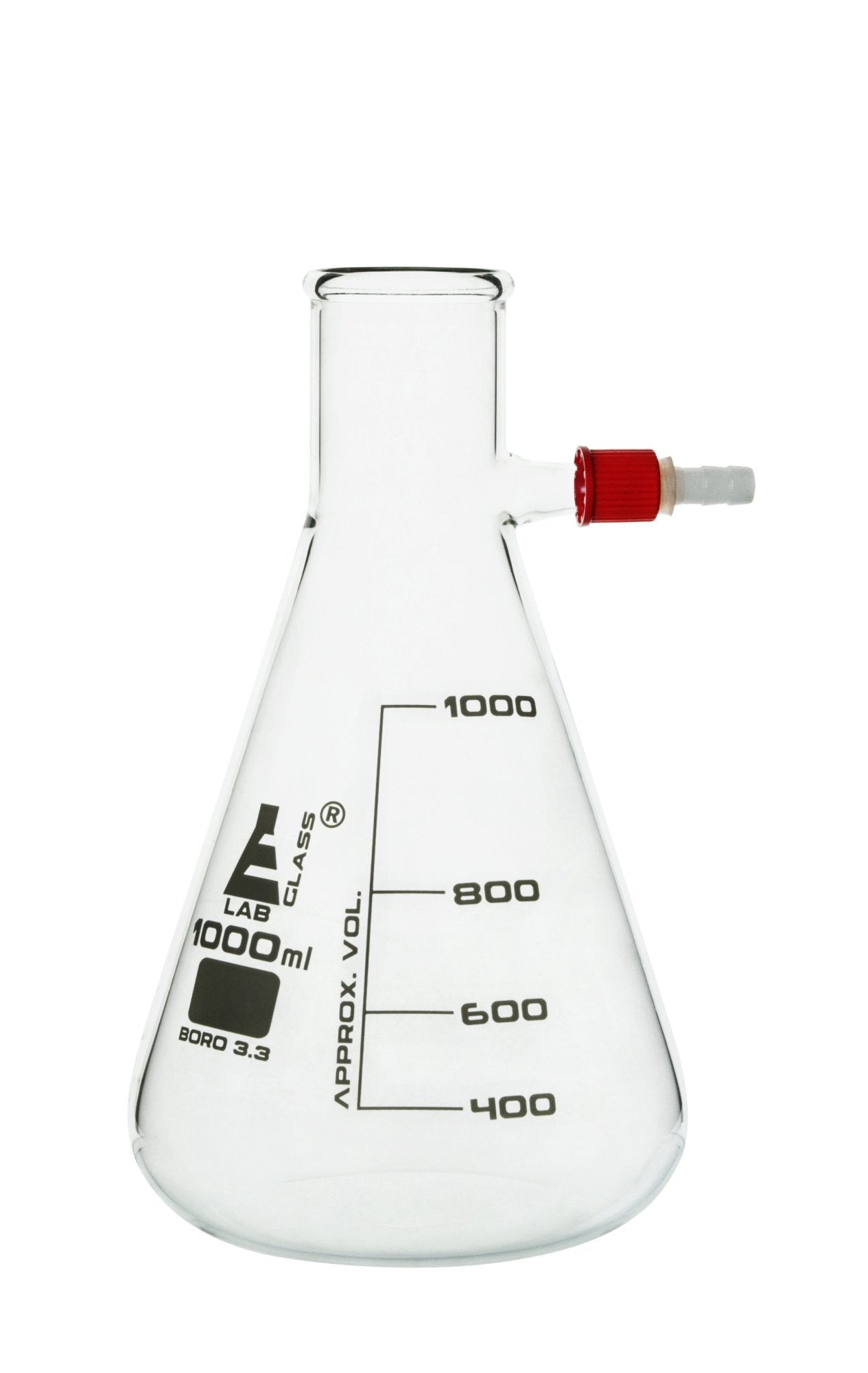 Conical Filtering Flask with Integral Plastic Side Arm, 1000mL, White Graduations, Borosilicate Glass
