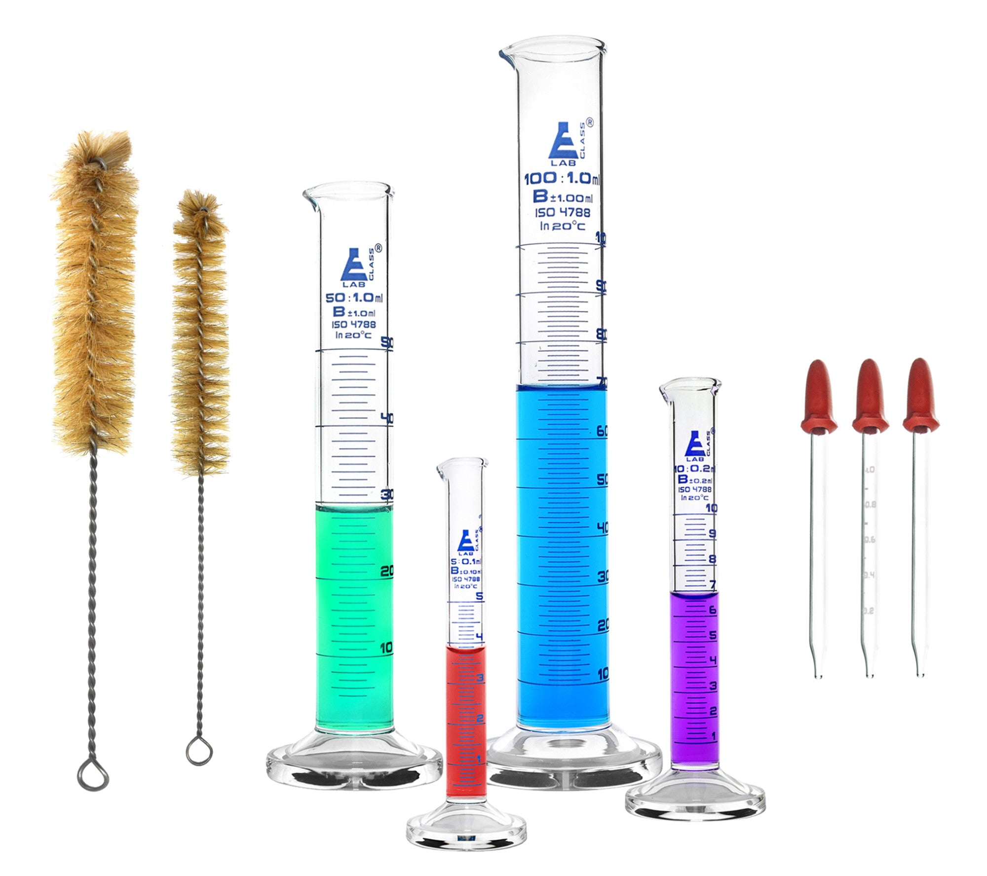 Class B 9-Piece Graduated Cylinder Kit with Cylinders, Droppers and Cleaning Brushes, Borosilicate 3.3 Glass