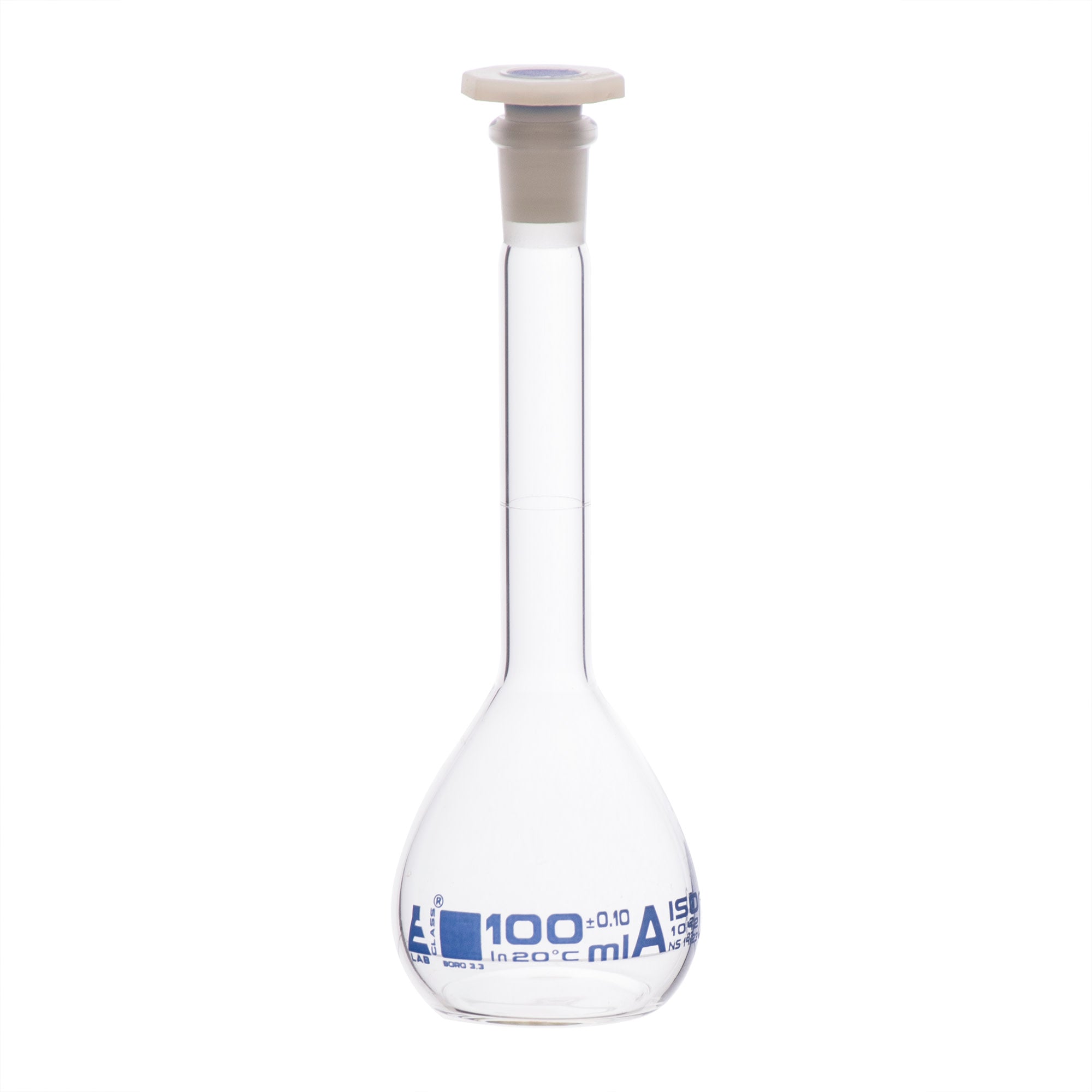 Class A Borosilicate Glass Volumetric Flask with Polyethylene Stopper, Blue Graduations