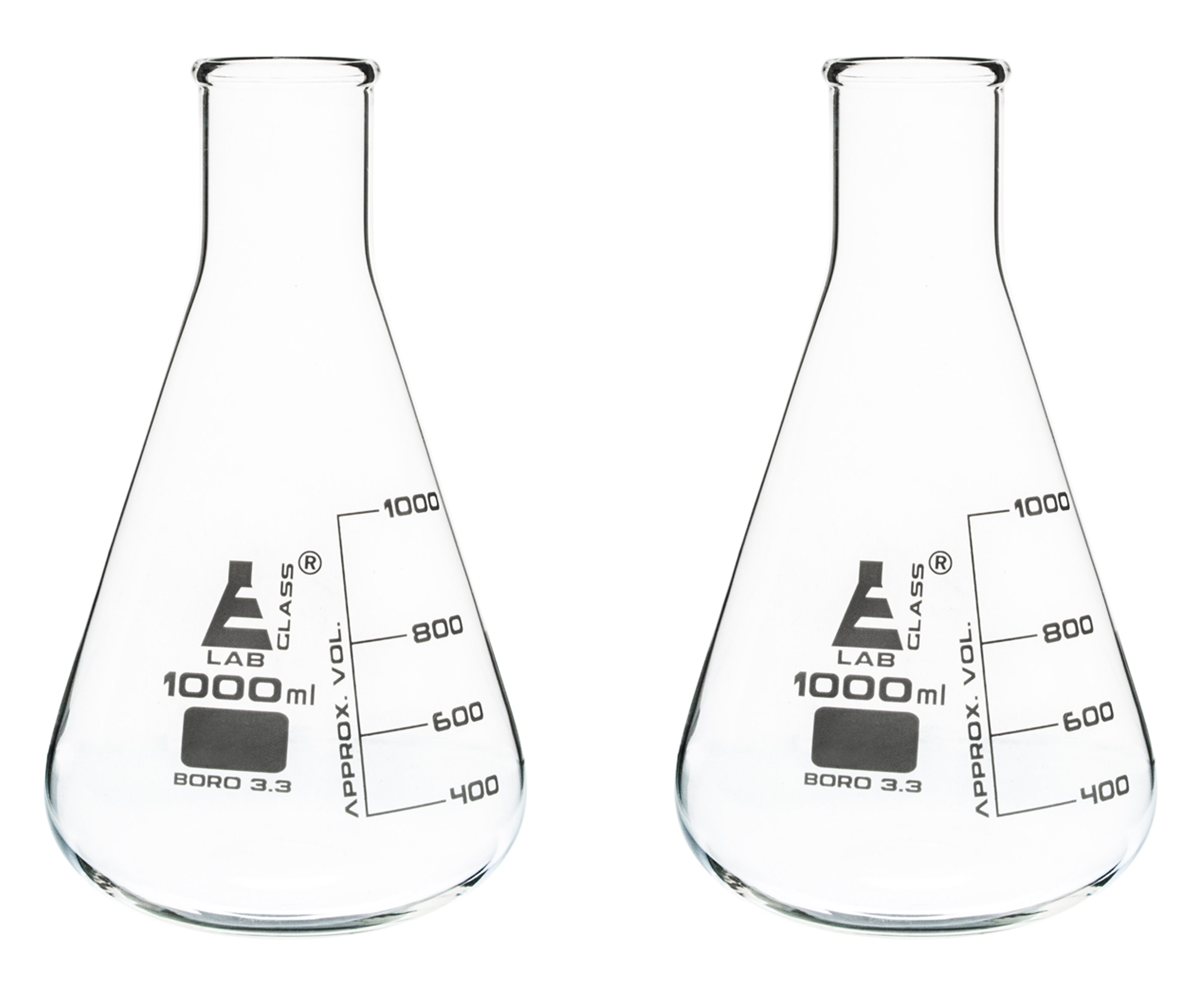 2-Pack Narrow Neck Erlenmeyer Flasks, 1000mL, Borosilicate Glass