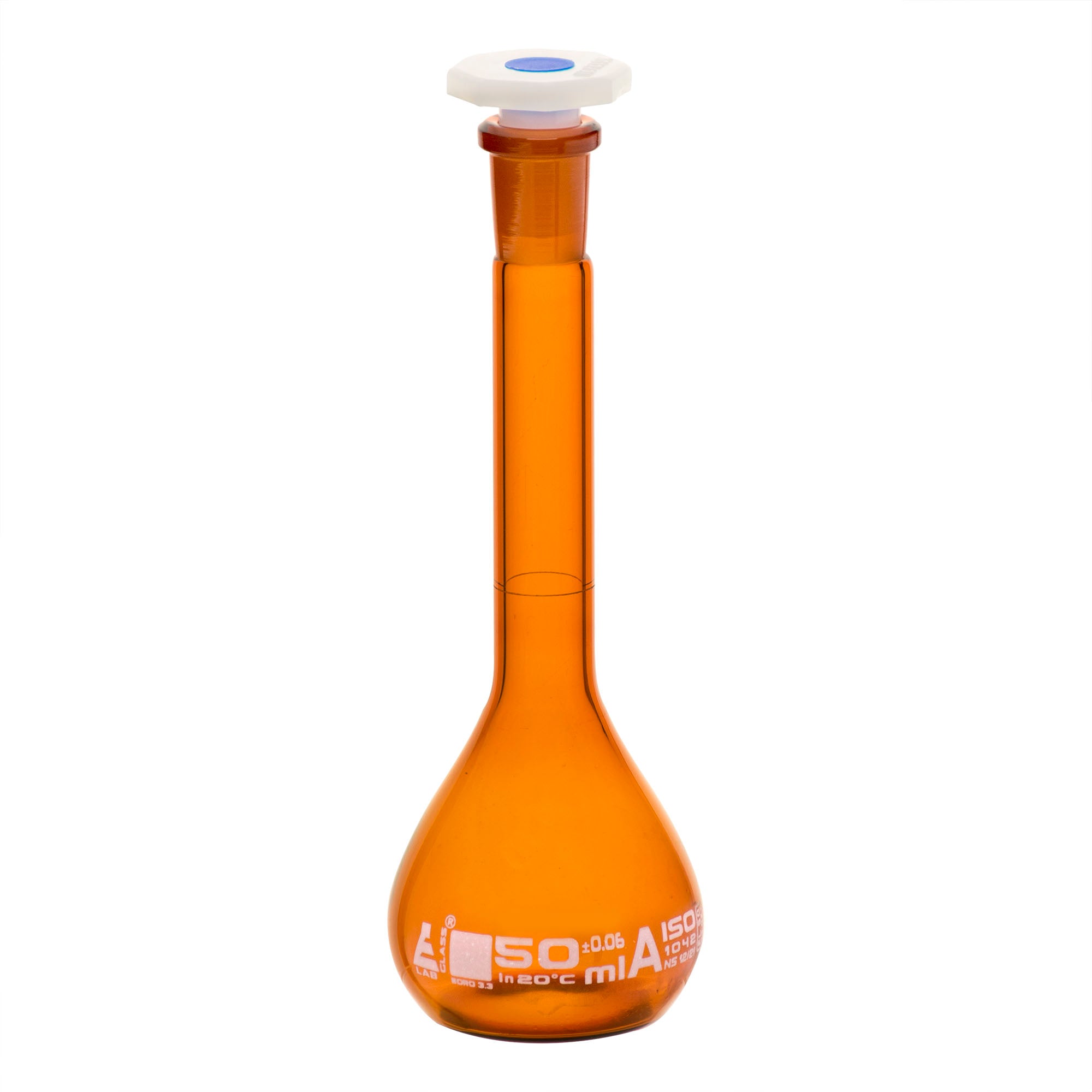 Class A Amber Borosilicate Glass Volumetric Flask with Polypropylene Stopper